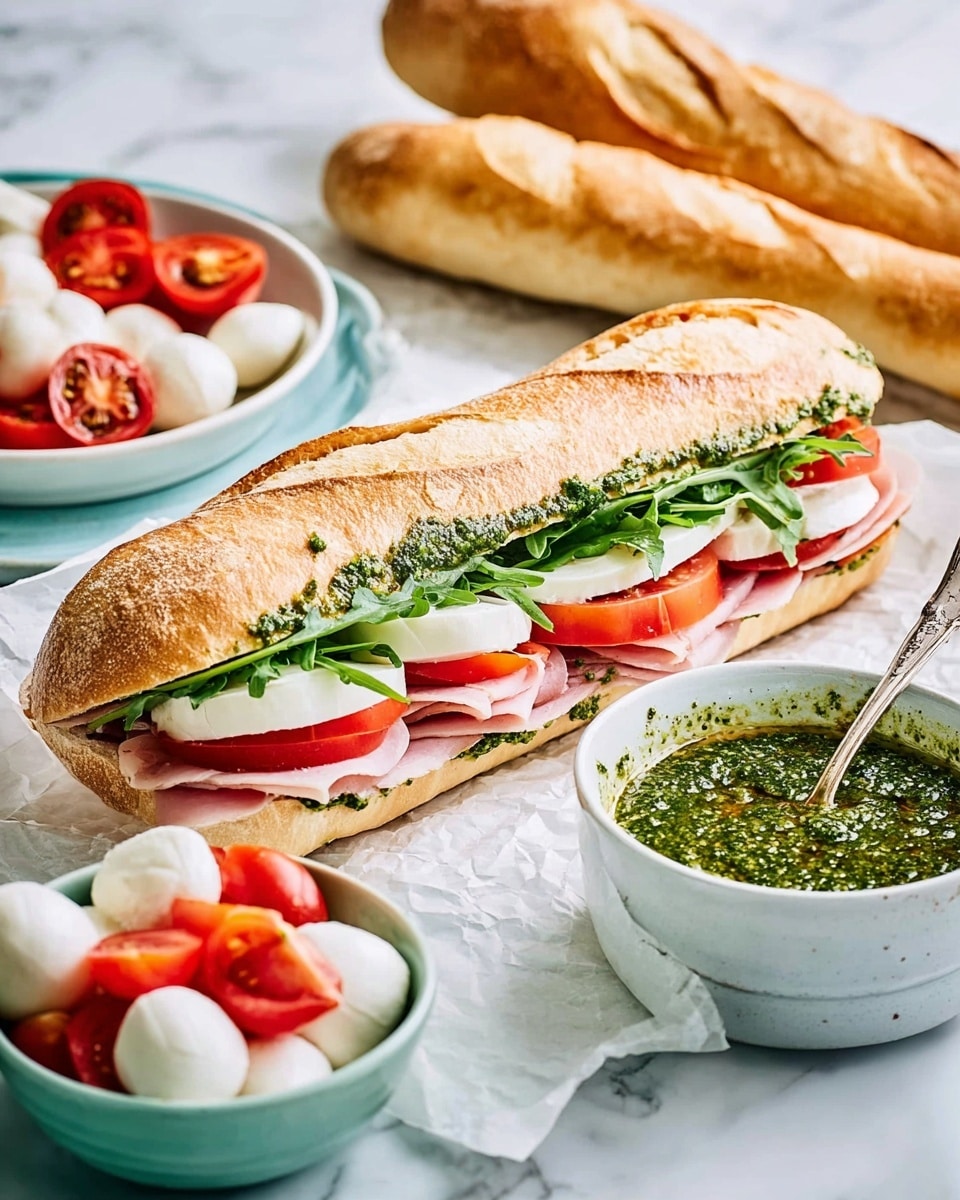 A sandwich lying on white parchment paper with a crusty baguette sliced lengthwise showing five layers: the bottom layer is thin pink slices of ham, followed by bright red tomato slices, then fresh green arugula leaves, topped with white mozzarella slices, and finished with a spread of green pesto sauce on the inside of the top bread. Nearby, a white bowl contains a mix of white mozzarella balls and red tomato slices, while another white bowl close to the sandwich holds a chunky green pesto sauce with a spoon inside. In the background, three whole crusty baguettes rest on a surface with a white marbled texture. photo taken with an iphone --ar 4:5 --v 7