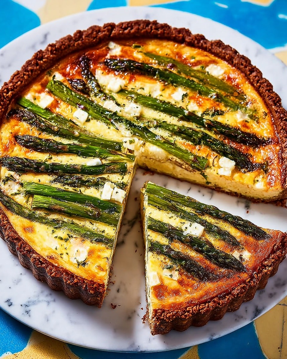 A round quiche with a golden brown crust sits on a white plate, showing its crispy edges and slightly darker toasted areas near the border. The egg mixture filling inside is pale yellow and smooth with scattered white cheese cubes and six whole green asparagus spears arranged in a star-like pattern from the center to the edge. One slice has been cut and slightly pulled out to reveal the layers of crust, creamy filling, and cheese inside. The plate is placed on a blue and yellow patterned surface with a butter knife nearby. Photo taken with an iphone --ar 4:5 --v 7