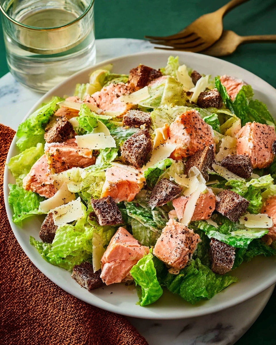 A fresh salad shown in a white bowl filled with several layers starting from green leafy lettuce as the base, topped with pink grilled salmon pieces seasoned with black pepper, crunchy dark brown croutons scattered evenly, and thin, pale yellow cheese shavings spread on top. The overall colors are green, pink, dark brown, and light yellow, all placed on a white marbled surface with a clear textured glass tumbler nearby. photo taken with an iphone --ar 4:5 --v 7