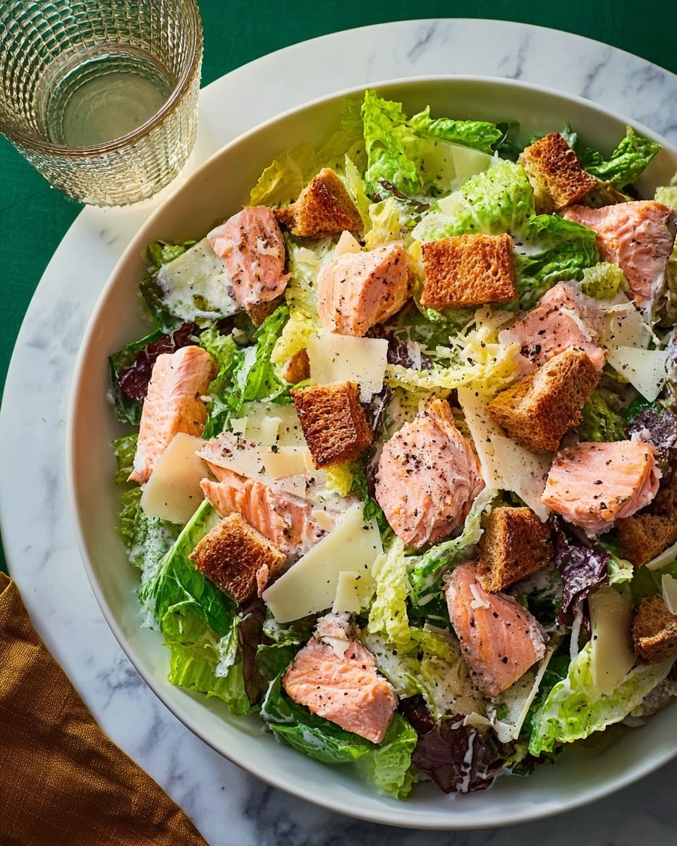 A large white plate filled with a layered salad on a white marbled surface. The bottom layer is fresh green lettuce leaves covering the plate, followed by chunks of pink cooked salmon with light pepper seasoning scattered evenly. On top of these are small dark brown croutons placed in between the salmon pieces. The dish is finished with thin pale yellow cheese shavings spread across the top, adding texture and color contrast to the greens and salmon. The image includes a clear glass of water and a brown textured cloth nearby. photo taken with an iphone --ar 4:5 --v 7