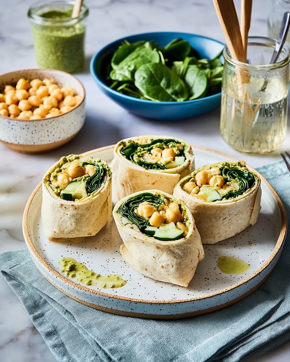 The image shows four wrap rolls on a large white plate with a speckled texture. Each wrap has a soft beige tortilla outside, tightly rolled around layers of bright green leafy spinach and chunks of light green cucumber. Inside, there are yellow chickpeas mixed with creamy light orange sauce. The wraps are cut in half, showing the colorful layers inside. Around the plate, there is a small white bowl with more chickpeas in creamy sauce, a glass of sparkling water, two forks, a knife, and a jar of green pesto with a white marbled texture background. In the back, a blue bowl with fresh green spinach leaves is visible. Photo taken with an iphone --ar 4:5 --v 7