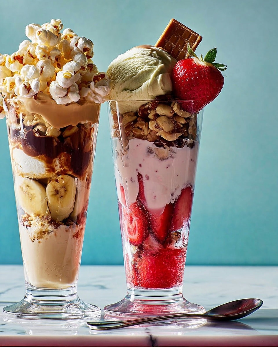 Two tall clear glass parfaits stand side by side on a pink surface with a white marbled texture background. The left glass has multiple layers starting with a pale creamy ice cream base at the bottom, followed by a smooth light brown layer mixed with darker chocolate swirls, then topped with sliced bananas and crunchy nuts. The glass is crowned with fluffy white popcorn on top. The right glass features a bright red fruit base with a coarse texture, layered with creamy light pink yogurt, and decorated with whole and sliced fresh strawberries against the glass wall. On top, there is a scoop of white ice cream with sprinkled nuts and a whole strawberry. A blue spoon lies in front of the left glass. Photo taken with an iphone --ar 4:5 --v 7