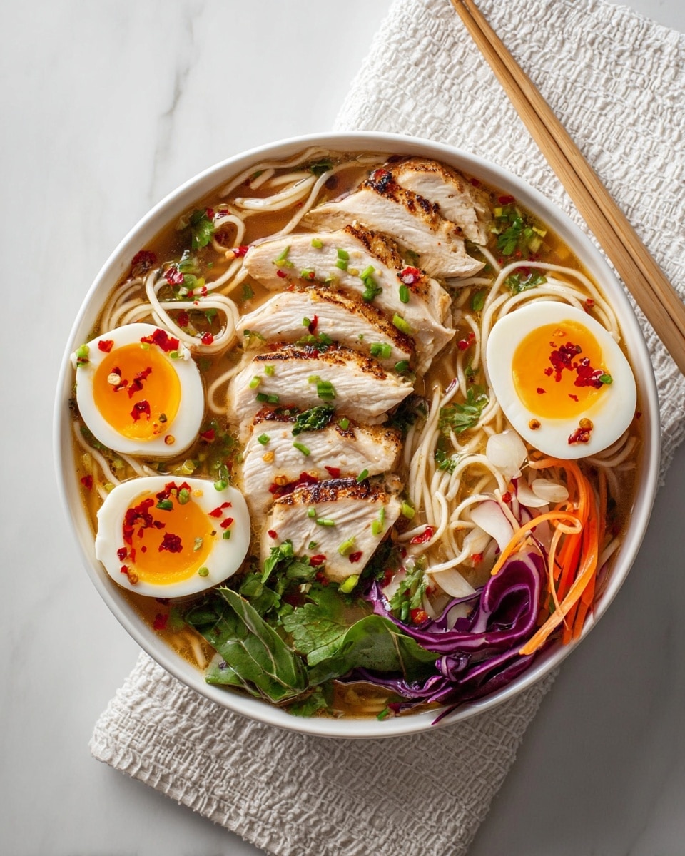 A white bowl filled with light brown broth and soft tan noodles sits on a white marbled surface. On top, there are five sliced pieces of grilled chicken breast sprinkled with red chili flakes and chopped green herbs. To the side, two halves of a soft-boiled egg display bright orange yolks garnished with chopped green herbs. Around the edges, there are fresh green leafy vegetables, purple cabbage strips, bean sprouts, and slivers of orange and red bell peppers. Next to the bowl, light brown wooden chopsticks rest on the surface, and a white textured cloth lies nearby. Photo taken with an iphone --ar 4:5 --v 7