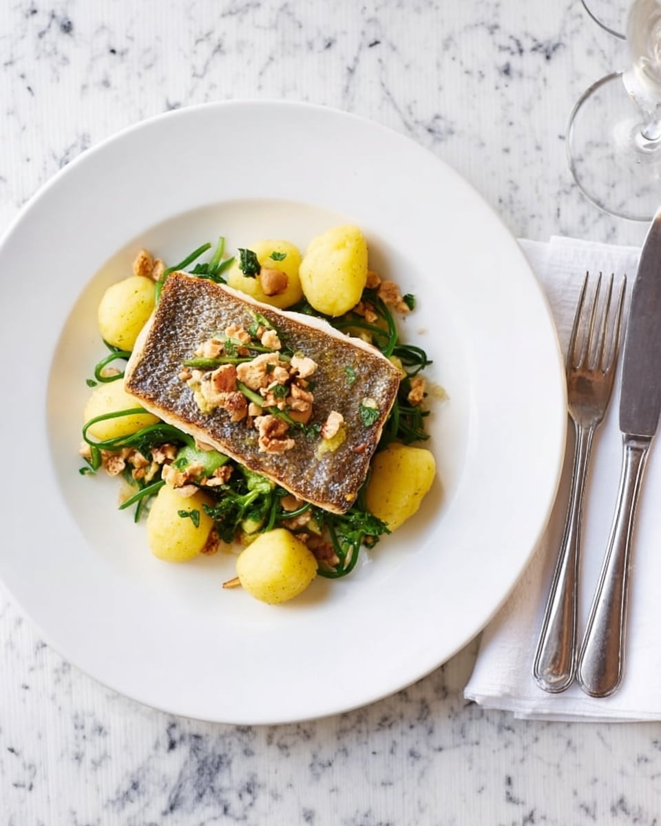 A white round plate sits on a white marbled surface with a white cloth napkin to the left and silver fork and knife to the right. In the center of the plate, there is a layer of yellow gnocchi, shaped like small, soft cylinders, arranged closely together. On top of the gnocchi, there are thin green strands of sea vegetables scattered in different directions. The top layer features a rectangular piece of seared fish with golden-brown crispy skin and light flaky flesh beneath, garnished with small round light brown nuts or seeds. The overall look is neat with natural colors of yellow, green, and golden brown on the white plate. Photo taken with an iphone --ar 4:5 --v 7