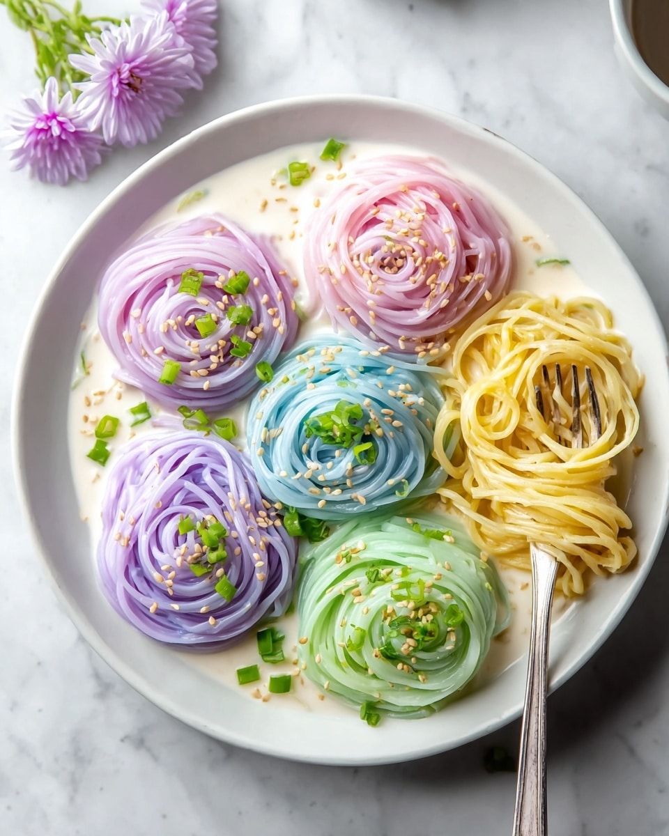 A white round plate on a white marbled surface holds five separate piles of noodles in pastel colors arranged like flower petals. Starting from the left, there is a light pink pile with a smooth, glossy texture, next a pale purple pile also smooth and shiny, beside it a bright green pile with a creamy white sauce coating, above that a mustard yellow pile softly coated with sauce, and in the center a deep blue and purple pile dusted with white sesame seeds and topped with small green onion slices. A silver fork rests on the right edge of the plate partially touching the yellow noodles. The scene is softly lit and casual with a small flower nearby. photo taken with an iphone --ar 4:5 --v 7