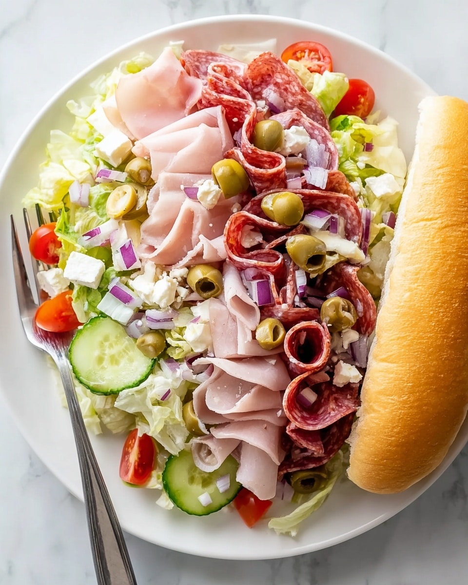 A white plate sits on a white marbled texture, holding a layered Italian salad and a hoagie roll. The salad consists of the bottom layer of chopped pale green lettuce, topped with thin slices of folded pink ham and red and dark red pepperoni. Scattered on top are white cubes of feta cheese, chopped light green cucumber pieces, sliced green olives, halved red cherry tomatoes, and small pieces of purple onion. To the right side of the plate is a long, smooth, golden brown hoagie roll. A shiny silver fork rests beside the hoagie roll. photo taken with an iphone --ar 4:5 --v 7