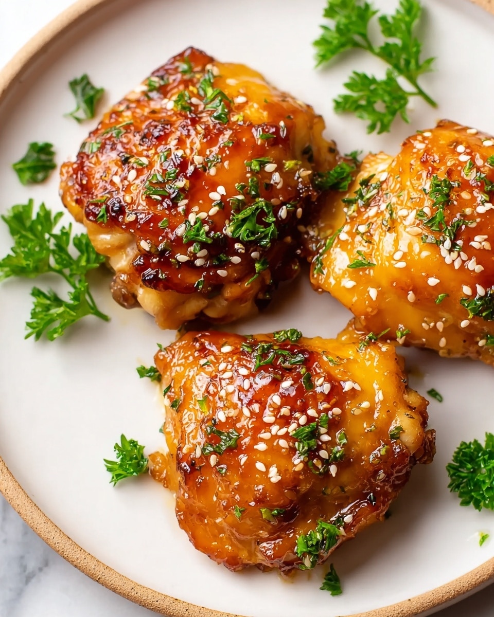 Three golden-brown glazed chicken thighs sit on a white plate with a tan rim, each piece showing a shiny, sticky sauce layer with a mix of darker caramelized spots and lighter golden areas. The chicken has a slightly crispy texture on the edges and is sprinkled with small white sesame seeds and fresh, bright green parsley leaves scattered on top and around the plate. The background is a white marbled texture, adding a clean and elegant look to the close-up shot. Photo taken with an iphone --ar 4:5 --v 7