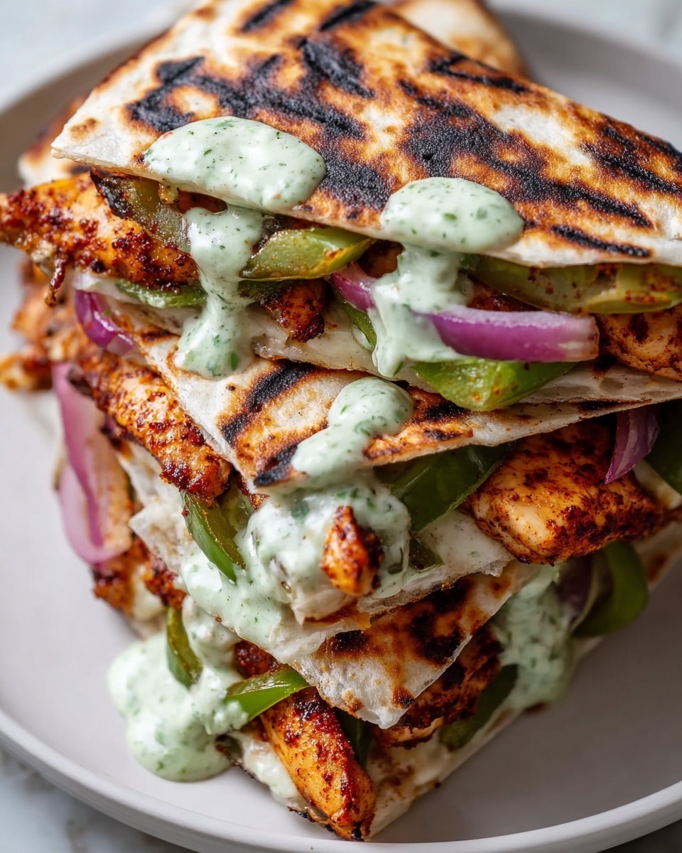 A stack of three grilled chicken quesadillas sits on a white plate, placed on a white marbled surface. Each quesadilla is made of golden brown, slightly charred tortillas folded in half. Inside, there are grilled chicken pieces with a dark brown grilled crust, melted white cheese, sautéed green bell pepper slices, and soft purple-red onion strips. A creamy, pale green sauce with visible herb specks is generously drizzled on top and inside the quesadillas. The layers create a warm, colorful look with textures from crispy edges to creamy sauce photo taken with an iphone --ar 4:5 --v 7