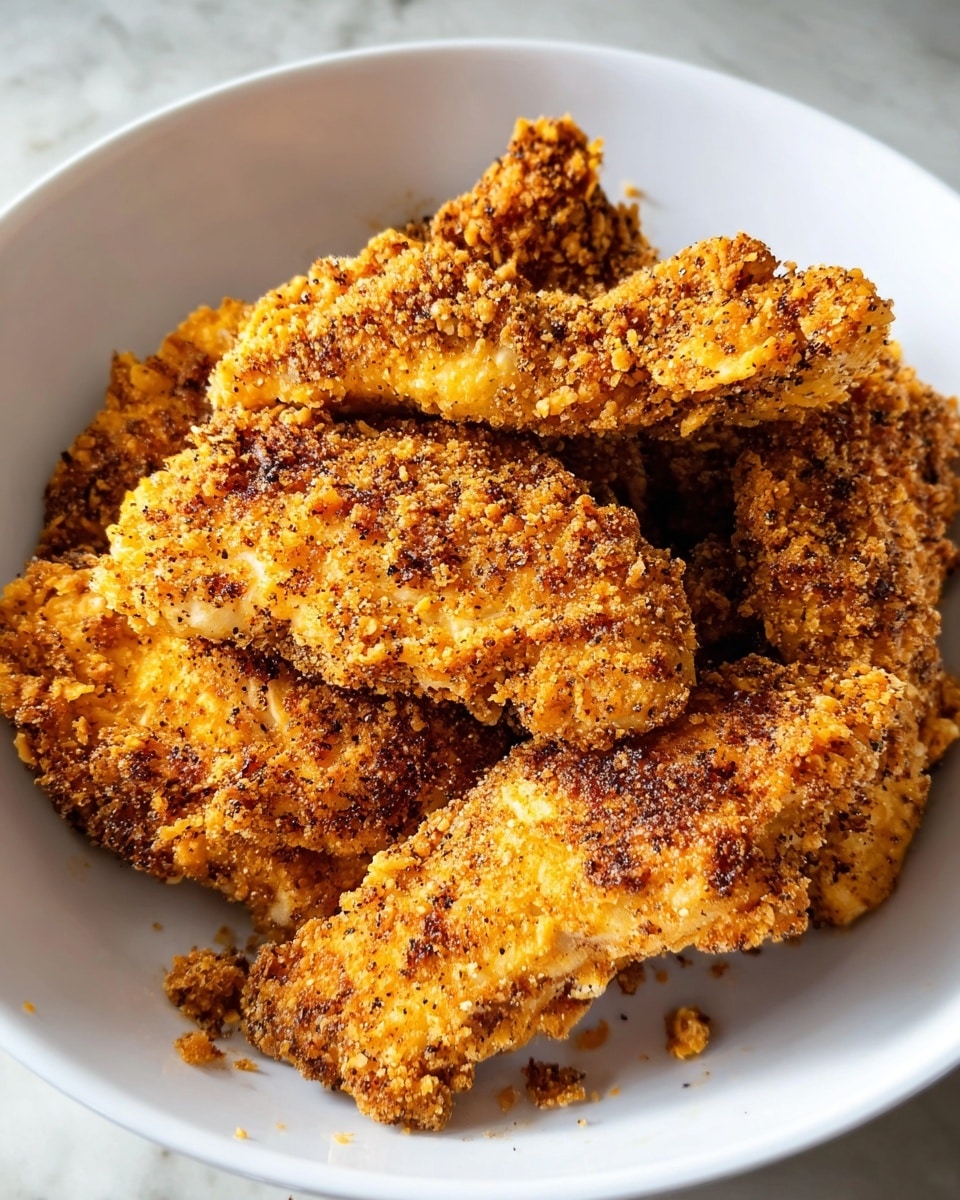 A white bowl holds several pieces of golden brown fried chicken tenders stacked unevenly. Each piece has a crispy, coarse breading layer with a mix of darker and lighter spots showing where the coating is well-cooked and crunchy. The surface texture is rough with small crumbs visible around the pieces, giving a rustic, homemade look. The chicken pieces vary in size and shape, filling most of the bowl without overlapping completely. Photo taken with an iphone --ar 4:5 --v 7