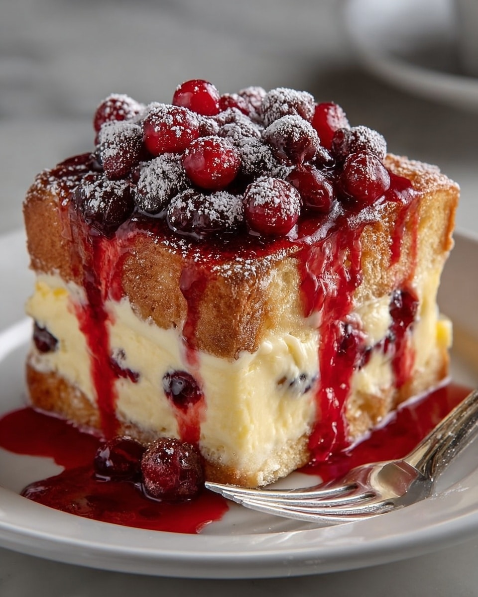 A thick square piece of dessert with three layers is shown on a white plate set on a white marbled surface. The bottom and top layers are made of golden-brown toasted bread cubes with a crunchy texture. The middle layer is creamy, off-white, and smooth, looking like a rich cheese or custard. Over the top layer, shiny red berry sauce drips down the sides, pooling slightly on the plate. On top, there is a heap of whole red and dark purple berries dusted lightly with white powdered sugar. A silver fork lies next to the dessert on the plate. Photo taken with an iphone --ar 4:5 --v 7