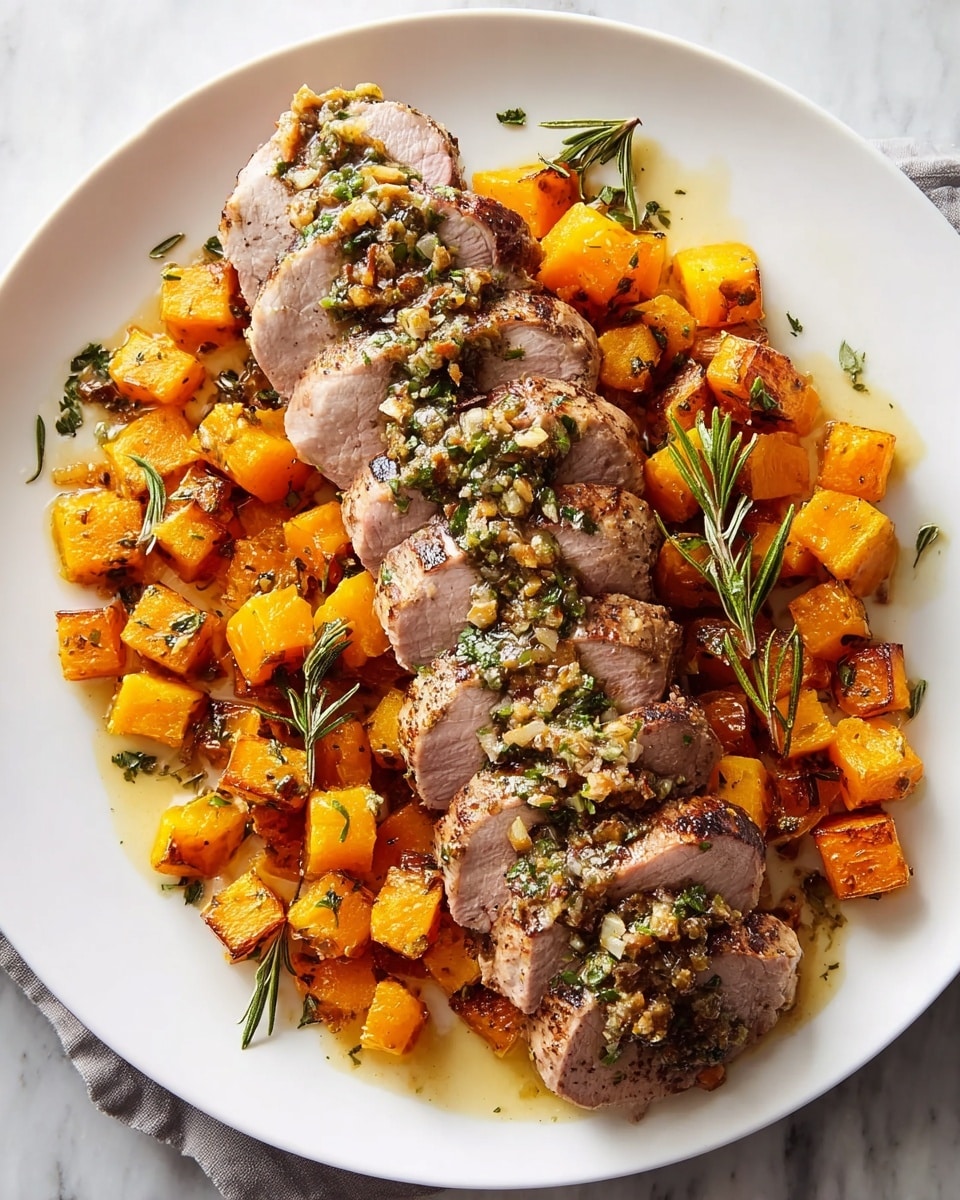The image shows a white round plate with two main layers. The bottom layer is made of small orange roasted cubes with a slightly shiny, caramelized texture, some sprinkled with green herbs. The top layer is a row of six medium-thick slices of roasted meat, cooked to a light pink inside with a browned outer edge. On top of the meat slices, there is a topping of light brown minced pieces and small sprigs of green herbs scattered along the length. The plate is set on a white marbled surface with a beige cloth napkin partly visible on the left side. photo taken with an iphone --ar 4:5 --v 7