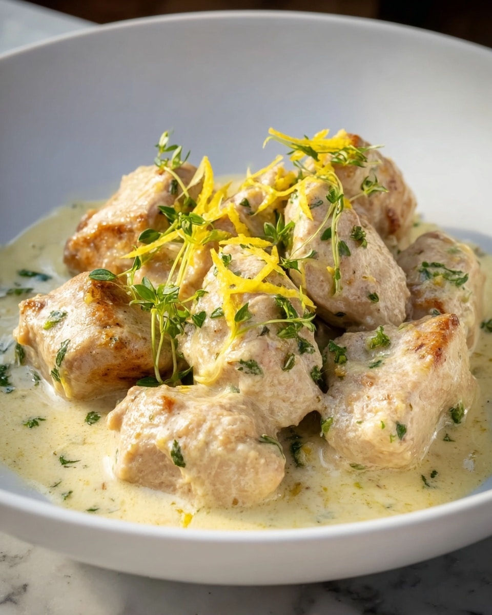 In a white bowl on a white marbled surface, there is a creamy dish made of about eight light brown, grilled chicken pieces in a pale yellow sauce. The sauce looks smooth and slightly thick, pooling around the chicken. On top, there are small bright green herb leaves and thin yellow strips that add color contrast. The chicken pieces have a slightly browned outside and look tender. Photo taken with an iphone --ar 4:5 --v 7
