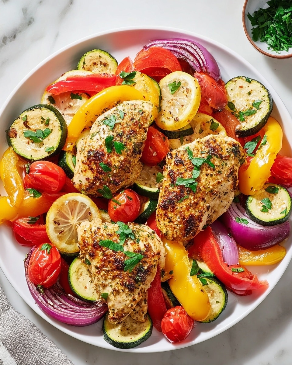 A white plate holds three pieces of seasoned and grilled chicken breasts with a golden-brown crust and green parsley sprinkled on top. Surrounding the chicken are colorful roasted vegetables, including red cherry tomatoes, yellow and red bell pepper strips, round slices of green zucchini with light grill marks, and thick wedges of purple onion. Two lemon wedges sit near the chicken, adding a bright yellow contrast among the warm colors. The plate is set on a white marbled surface. photo taken with an iphone --ar 4:5 --v 7