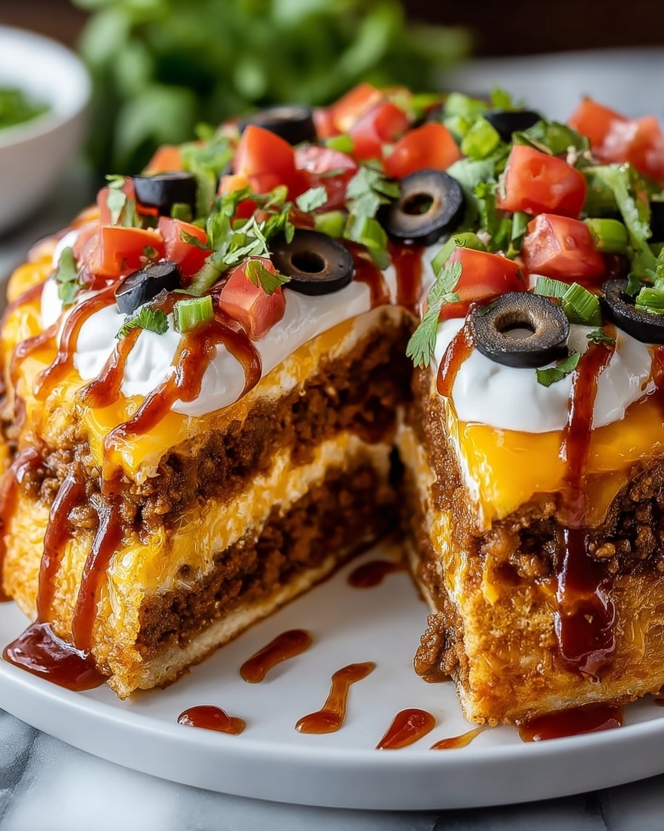 A white plate holds a thick two-layered dish with a golden-brown toasted base layer and a top layer in a similar color. Between these layers is a rich, brown minced meat filling. The top layer is covered with melted yellow cheese, dollops of smooth white sour cream, and drizzles of dark reddish-brown sauce. On top of this, there are bright red chopped tomatoes, dark sliced black olives, green chopped herbs, and light green rings of spring onion. The dripping sauce extends slightly onto the white plate, which sits on a white marbled texture. Photo taken with an iphone --ar 4:5 --v 7