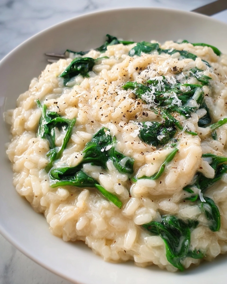 A close-up view of creamy risotto served in a white plate, with visible layers of soft, plump rice cooked in a smooth, rich sauce, mixed with bright green spinach leaves scattered evenly throughout, topped lightly with ground black pepper and a sprinkle of grated cheese, all set against a white marbled surface. photo taken with an iphone --ar 4:5 --v 7