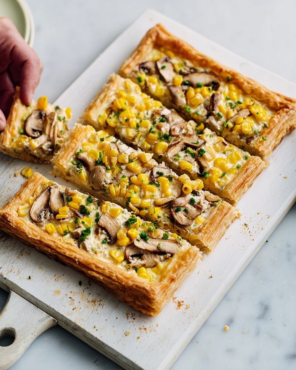 A rectangular tart with a golden brown, flaky puff pastry crust forms the bottom and edges. The filling is spread evenly inside, starting with a creamy white base, topped with bright yellow corn kernels and pieces of light brown mushrooms scattered on top. Small green chive pieces are sprinkled over the tart, adding a touch of color. One slice is cut and slightly pulled away from the rest to show the layers clearly. The tart is placed on a white cutting board on a white marbled surface with a yellow and white checkered cloth and a knife blurred in the background. Photo taken with an iphone --ar 4:5 --v 7
