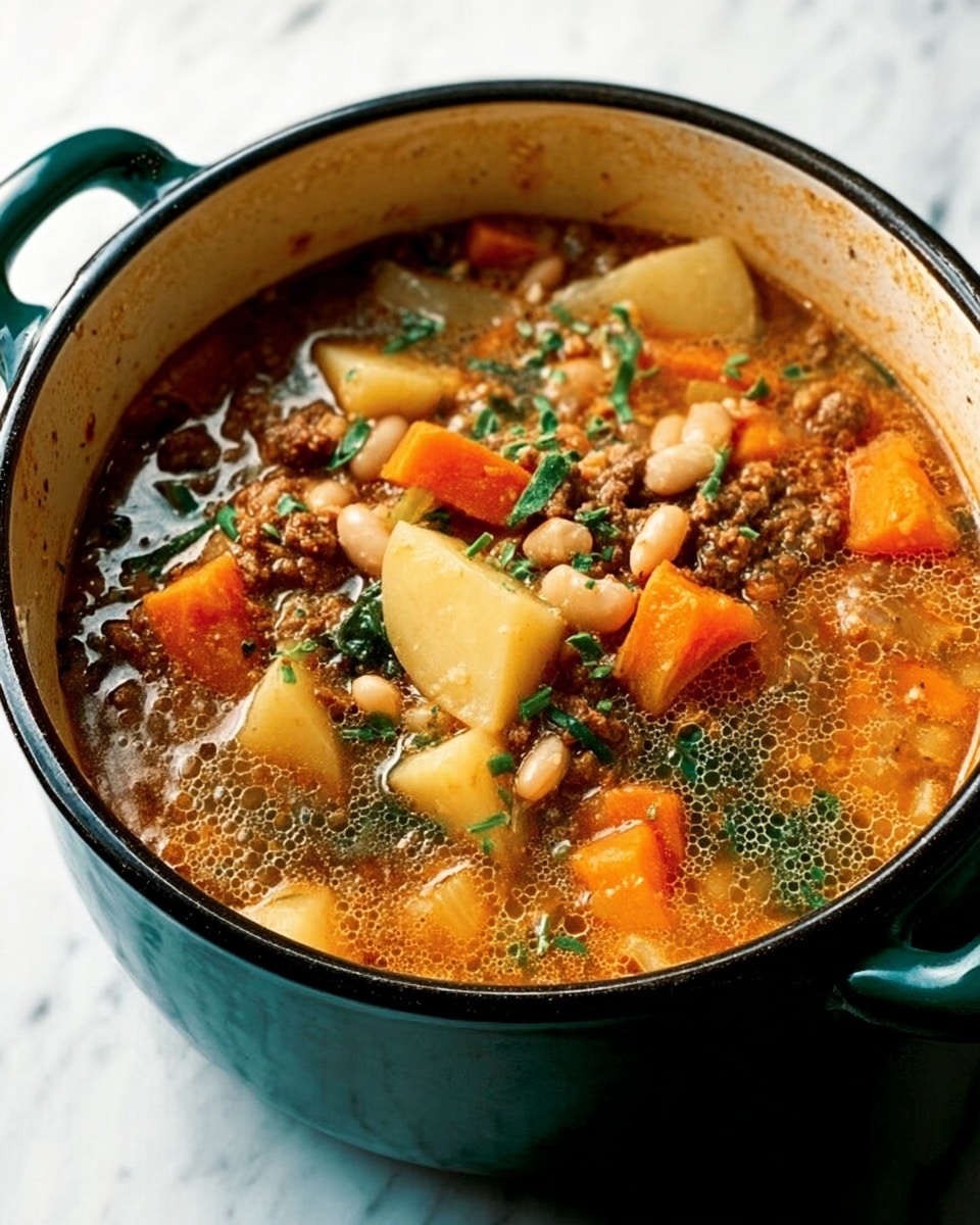 A close-up view of a white pot filled with thick stew, showing three main layers: large chunks of orange carrots and white potatoes on the top, browned ground meat mixed with small white beans in the middle, and a rich brown broth at the bottom. Fresh green parsley pieces are scattered on the surface, adding a touch of color. The pot sits on a white marbled countertop with soft natural light falling on it. photo taken with an iphone --ar 4:5 --v 7