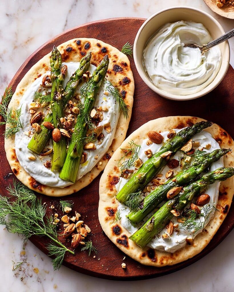 Roasted Asparagus & Labneh Flatbreads with Salted Almond Dukkah Recipe