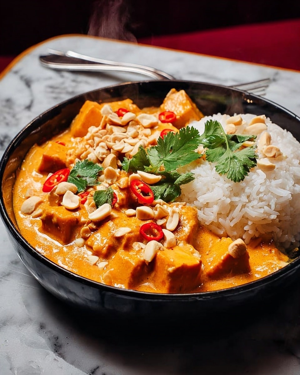 A black bowl holds a dish with two main layers: on one side, white rice with a soft, fluffy texture, and on the other, bright orange cubes of tofu covered in a thick, creamy yellow sauce. The tofu layer is topped with small pieces of chopped peanuts, slices of red chili, and fresh green cilantro leaves, adding pops of color and texture. Wisps of steam rise from the bowl, showing the food is hot, and the bowl sits on a red cloth with a white marbled surface underneath. A silver fork is placed near the bowl, and the background is dark red. photo taken with an iphone --ar 4:5 --v 7