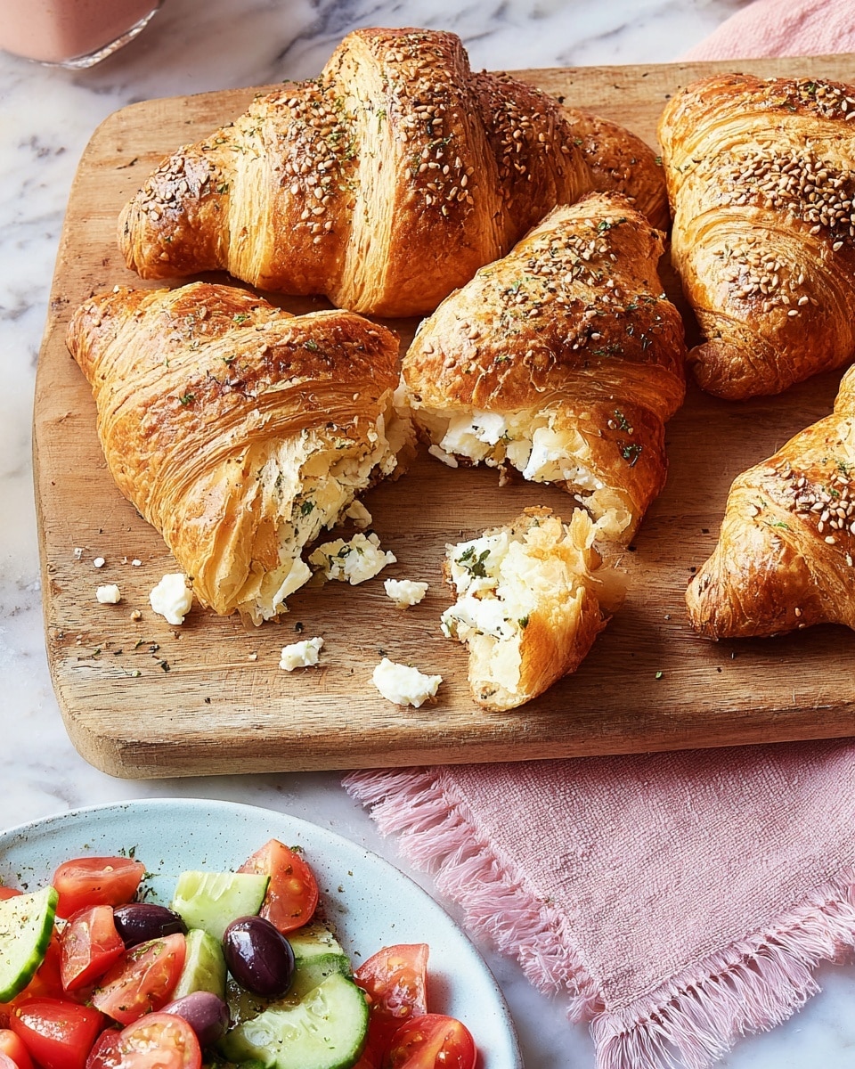 The image shows four golden brown croissants with a shiny, crispy crust sprinkled with sesame seeds and herbs. One croissant is broken open, revealing a soft, light-colored filling inside. The croissants are placed closely together on a wooden board with a warm brown texture, set on a white marbled surface. Part of a white plate with a colorful salad containing green cucumber chunks, red tomato pieces, black olives, and some herbs is visible at the bottom. A pink cloth with fringes lies under the wooden board, and a clear cup filled with a dark beverage is partly seen in the top right corner. Photo taken with an iphone --ar 4:5 --v 7