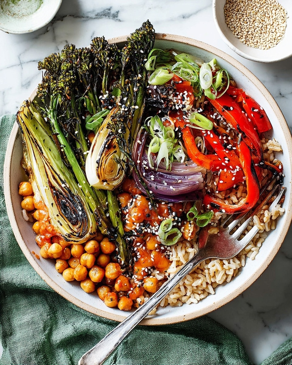 A white bowl filled with a base layer of brown rice, topped with layers of roasted chickpeas scattered around and grilled vegetables including green broccolini, charred red bell pepper strips, purple-red onion wedges, and light green bok choy pieces sprinkled with black and white sesame seeds. Finely sliced white onions and green scallions form a fresh layer on top, adding texture and color contrast. A silver fork rests inside the bowl on the left side, and the entire setting is on a white marbled surface with a green cloth and a white bowl of sesame seeds nearby. Photo taken with an iphone --ar 4:5 --v 7