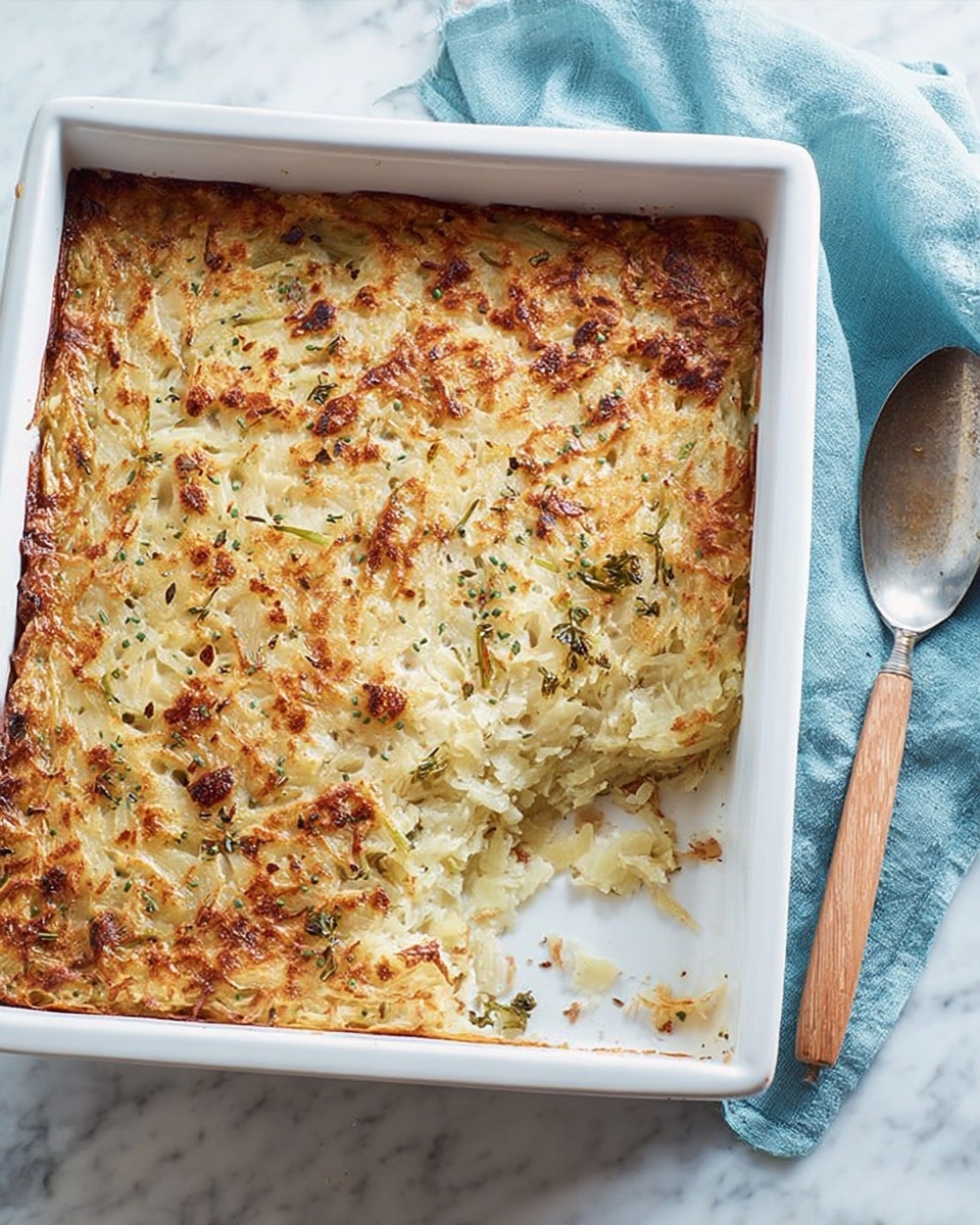 A white rectangular baking dish filled with a golden-brown baked casserole that has a textured, crispy top layer showing shredded light brown and white pieces mixed with green herbs evenly spread across. One corner of the casserole is scooped out, revealing a moist, soft inner layer of mostly white shredded ingredients with hints of green, matching the top layer’s composition but less browned. The dish sits on a white marbled surface with a light teal cloth draped casually beneath and around it. A metallic spoon with a wooden handle lies beside the dish, resting on the white marbled texture surface with some bits of the casserole still clinging to it. Photo taken with an iphone --ar 4:5 --v 7