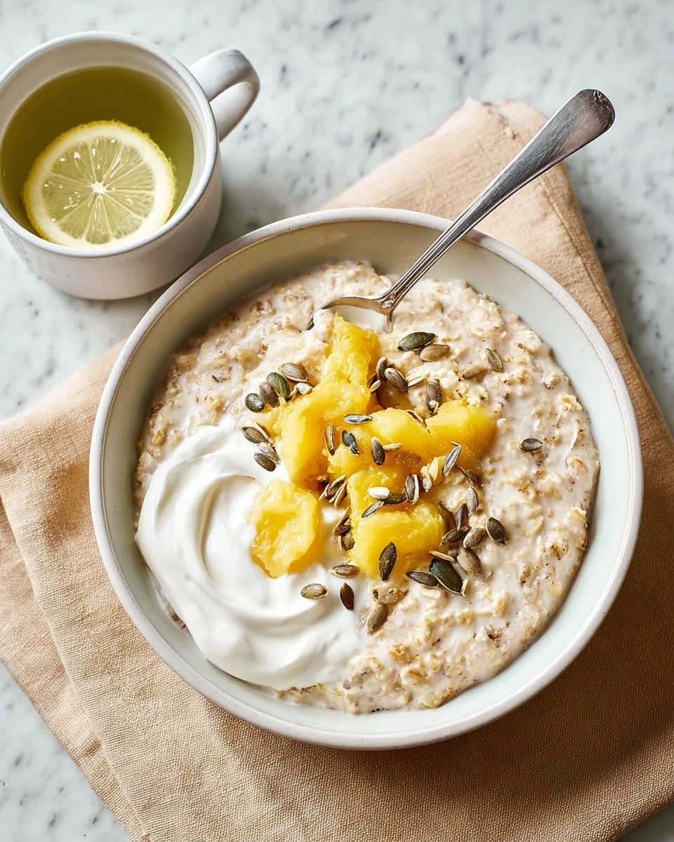 A white bowl filled with creamy oatmeal that has a thick and slightly lumpy texture, topped with dollops of white yogurt near the center. On top of the yogurt, there are several chunks of bright yellow fruit, likely pineapple, with a juicy and shiny appearance. Scattered on the oatmeal and fruit are mixed seeds in dark green and light brown colors, adding a crunchy texture. A silver spoon rests partially inside the bowl on the left side. The bowl sits on a folded beige cloth on a white marbled surface, and to the upper left of the bowl is a white cup with a lemon slice floating in light yellow liquid. Photo taken with an iphone --ar 4:5 --v 7