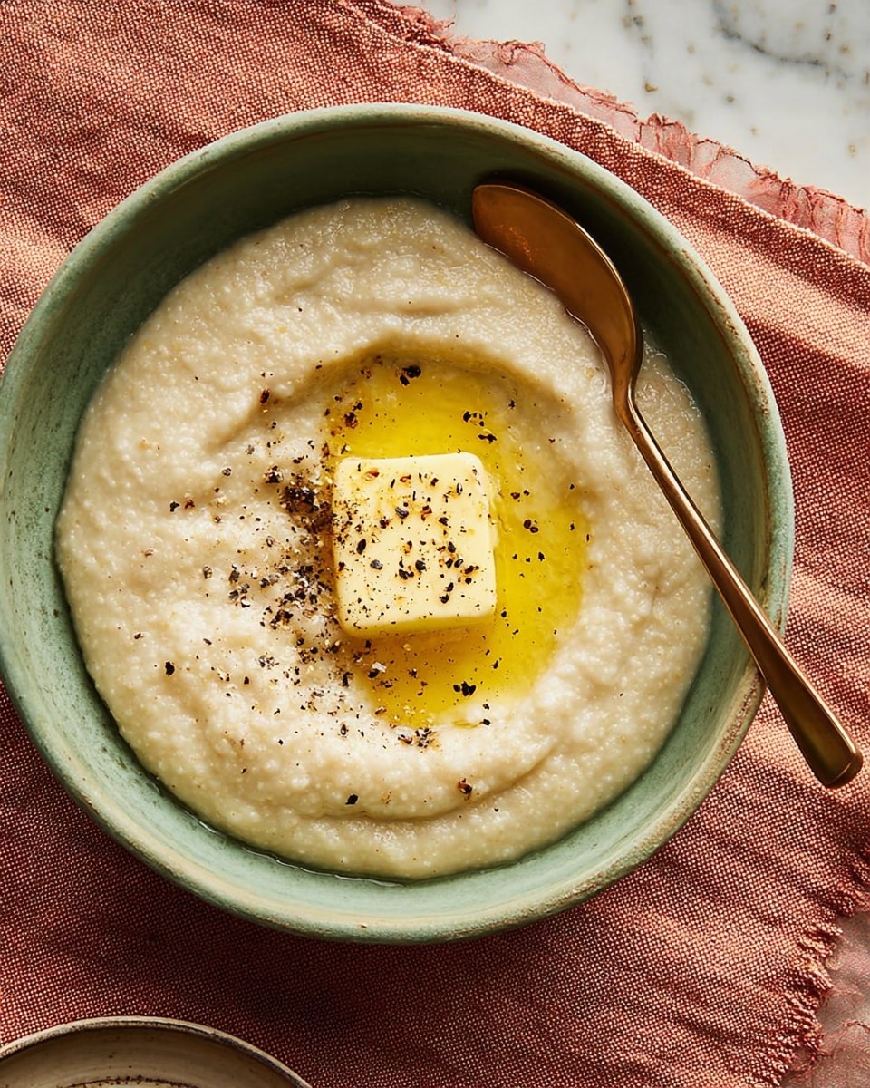 A bowl filled with thick, creamy beige mashed potatoes topped with a melting square of yellow butter in the center, sprinkled with black pepper. A bronze spoon rests inside the bowl on the right side. The bowl is placed on a soft orange cloth with a black edge, and part of a white plate with orange sliced sweet potatoes is visible on the right side. The background is a white marbled surface. photo taken with an iphone --ar 4:5 --v 7