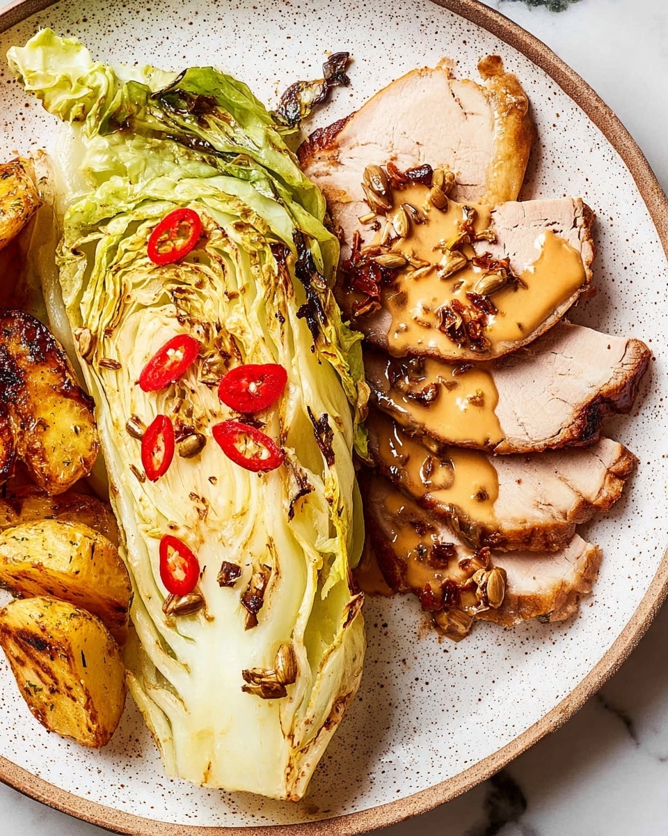 The image shows a white speckled plate with grilled cabbage wedges on the left, featuring light green and yellow layers with char marks and sprinkled with small brown seeds and thin red chili slices. On the right side of the plate, several slices of roasted meat with a light brown sauce on top are arranged in a row, with some roasted golden-brown cauliflower and chunks of mashed potato placed above the meat. The plate is set on a white marbled surface. photo taken with an iphone --ar 4:5 --v 7