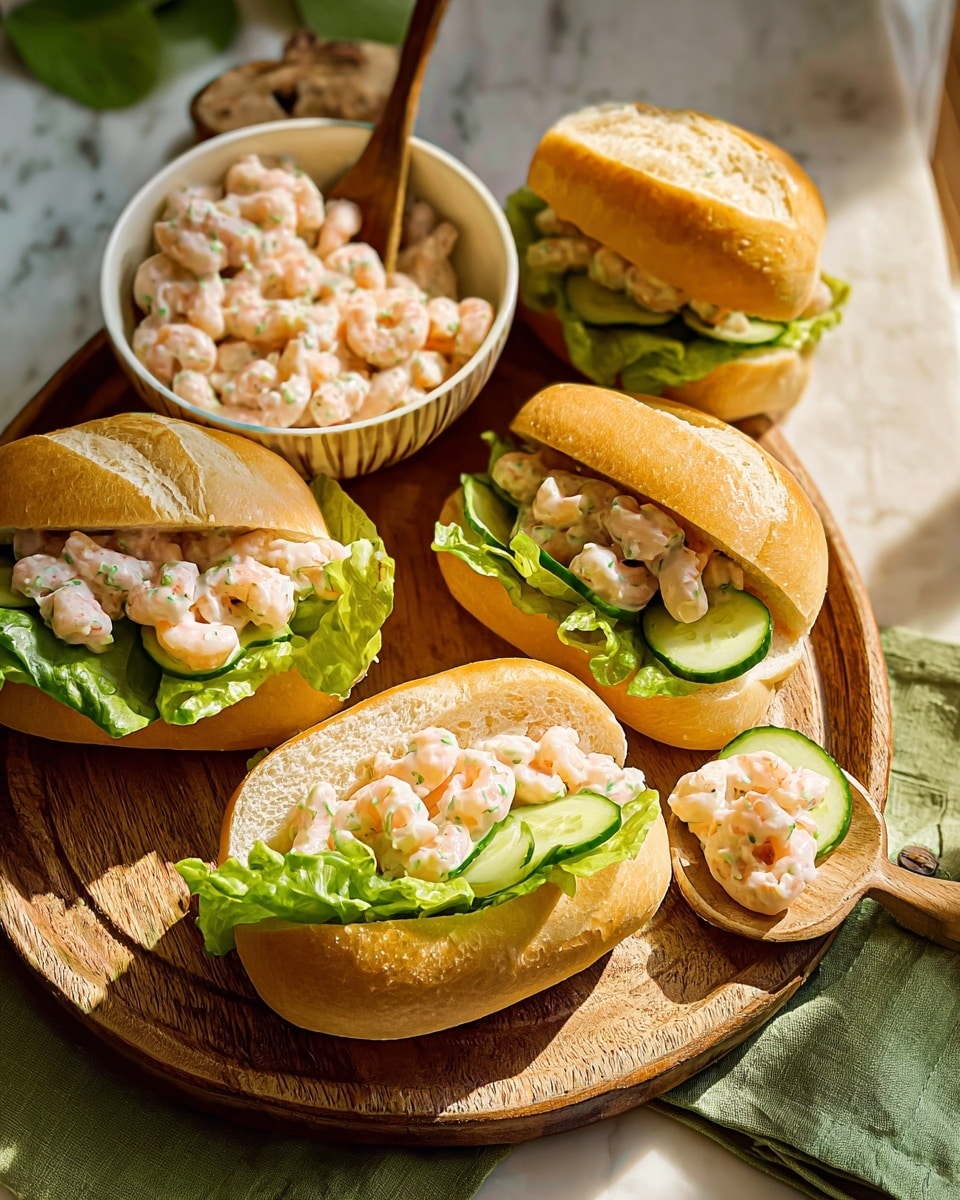 The image shows four small sandwich rolls arranged on a round wooden board placed over a white marbled surface. Each sandwich has three main layers: at the bottom, a soft golden-brown bread roll sliced open; inside, a fresh bright green lettuce leaf and several thin slices of cucumber with green edges and pale centers; on top, a creamy pinkish shrimp salad made of small shrimp pieces coated with a light sauce. Next to the sandwiches, a small white bowl contains more of the creamy shrimp mixture, and a wooden spoon with some shrimp rests on the board. Two green napkins are placed under the board, adding a pop of color. The scene is lit warmly, highlighting the textures of the bread, shrimp, and vegetables. photo taken with an iphone --ar 4:5 --v 7