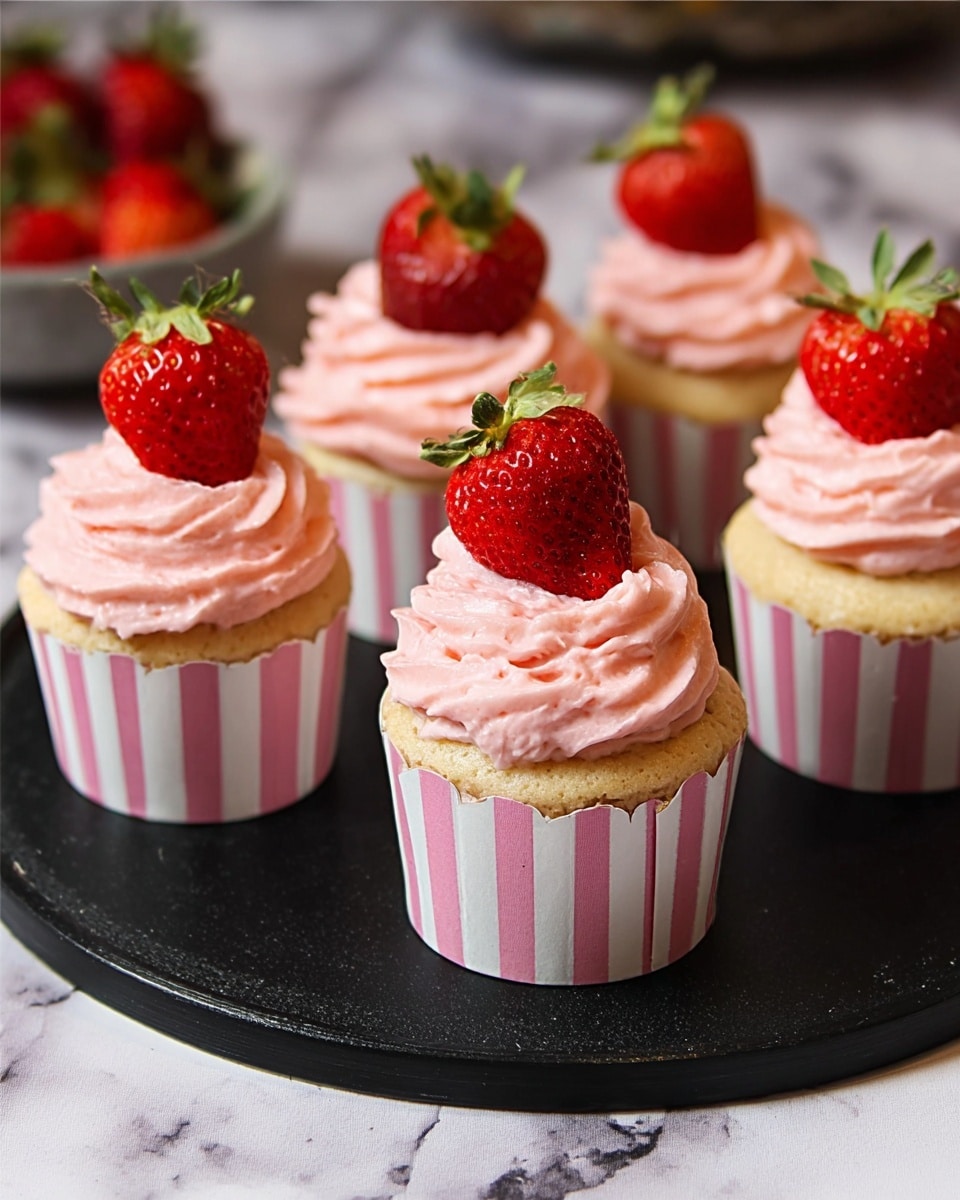 There are five cupcakes on a round black tray placed on a white marbled surface. Each cupcake has a yellow cake base wrapped in white cupcake liners with vertical pink stripes. On top, there is a swirl of smooth pink frosting that looks fluffy and creamy. Each cupcake is topped with one fresh, bright red strawberry with green leaves. The cupcakes are arranged close to each other in a loose circle. In the background, there is a blurred bowl with more strawberries. Photo taken with an iphone --ar 4:5 --v 7