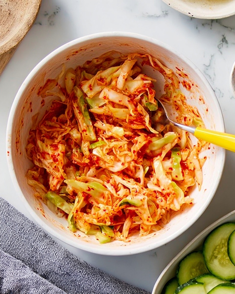 A white bowl filled with shredded cabbage mixed with a spicy red sauce, showing a mix of creamy textures and bright red chili pieces evenly spread throughout. A yellow spoon is resting inside the bowl, partially lifting the cabbage mix. The bowl sits on a white marbled surface with a grey cloth nearby and a white bowl filled with sliced cucumbers partly visible at the bottom right. Photo taken with an iphone --ar 4:5 --v 7