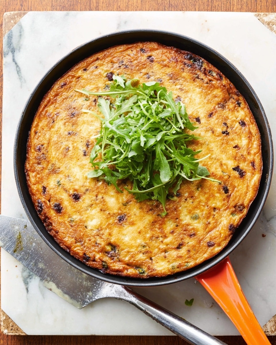 A round, thick, golden-brown frittata is cooked in a black frying pan with an orange handle, showing a slightly crispy, textured surface with small dark spots from the ingredients mixed inside. On top, a small pile of fresh green arugula leaves adds a bright contrast, placed in the center of the frittata. The pan sits on a white wooden board on a white marbled surface, and next to it is a spatula with a wooden handle. Photo taken with an iphone --ar 4:5 --v 7