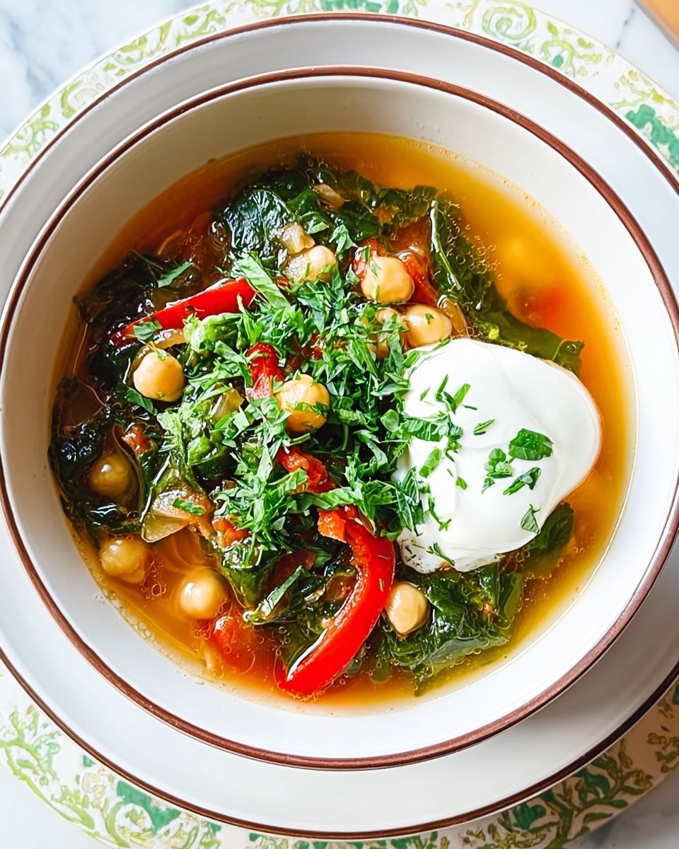 The image shows a bowl of vegetable soup with several visible layers. The base layer is a light brown broth filled with chickpeas and small vegetable pieces. On top, there are bright red strips of bell pepper and dark green leafy vegetables mixed into the soup. A dollop of white cream or yogurt sits slightly to one side, adding a smooth texture contrasting with the mixed vegetables. Some curly green herbs are sprinkled on top, adding a fresh touch. The soup is served in a white bowl with a thin brown rim, placed on a white marbled surface with a wooden plate underneath. photo taken with an iphone --ar 4:5 --v 7