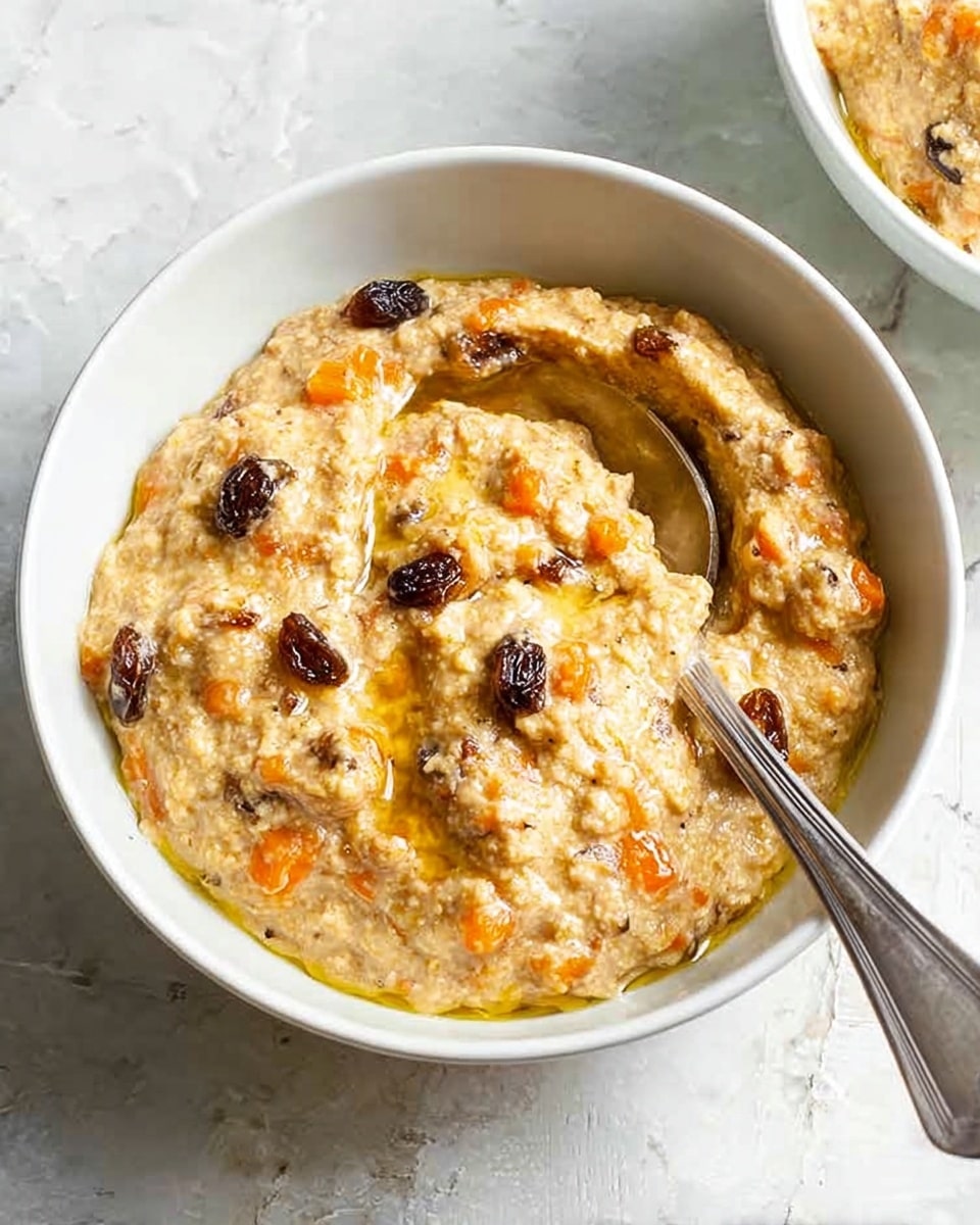 A thick creamy dish served in a white bowl on a white marbled surface, showing a mix of light beige base with orange streaks from grated carrots and scattered dark raisins on top. A silver spoon rests inside the bowl, dipped into the soft textured mixture. The dish looks rich and moist, with a few visible spices adding small speckles throughout. photo taken with an iphone --ar 4:5 --v 7