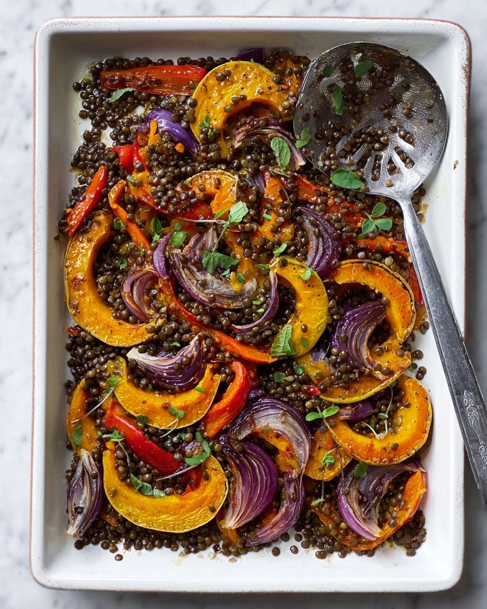 A white baking tray filled with a colorful mix of roasted vegetables and lentils. The base layer is made of dark brown lentils scattered evenly across the tray. On top, there are large slices of orange butternut squash, bright strips of red and yellow roasted peppers, and thin rings of purple onion. Chopped fresh green herbs are lightly sprinkled over the vegetables, adding spots of green color. A large metal slotted spoon rests on the bottom right side of the tray, ready to serve. The tray sits on a white marbled surface. Photo taken with an iphone --ar 4:5 --v 7