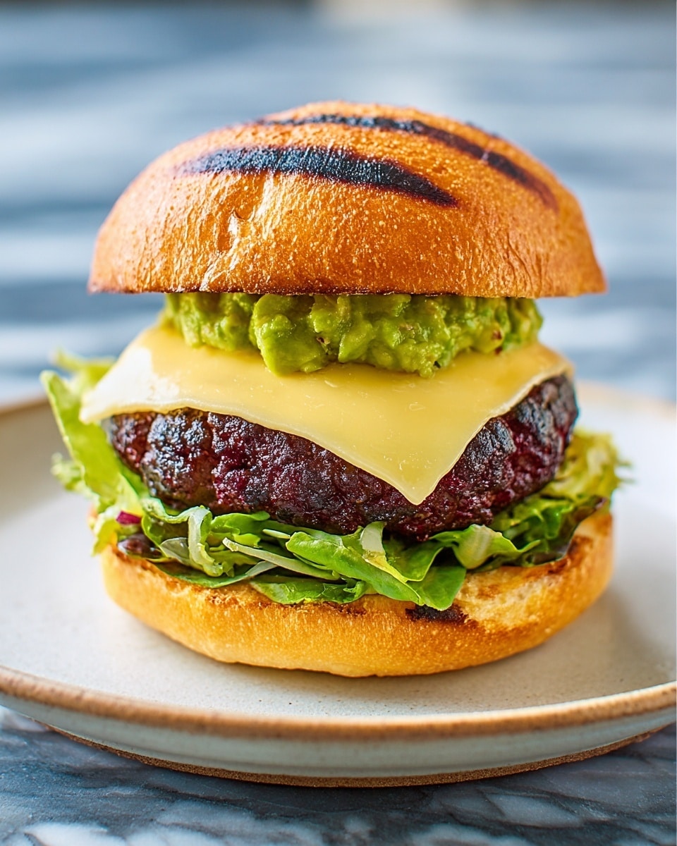 The image shows a close-up of a burger on a white plate, placed on a white marbled surface. The burger has five distinct layers from bottom to top: a toasted golden brown bun base with slight char marks, a spread of dark red sauce on the bun, a bright green lettuce leaf, a thick, dark brown grilled patty with a textured surface, a slice of creamy yellow cheese slightly melting over the patty, a chunky green guacamole-like sauce, some more dark red sauce on top, and finally a toasted golden brown bun top with defined grill lines. The photo taken with an iphone --ar 4:5 --v 7
