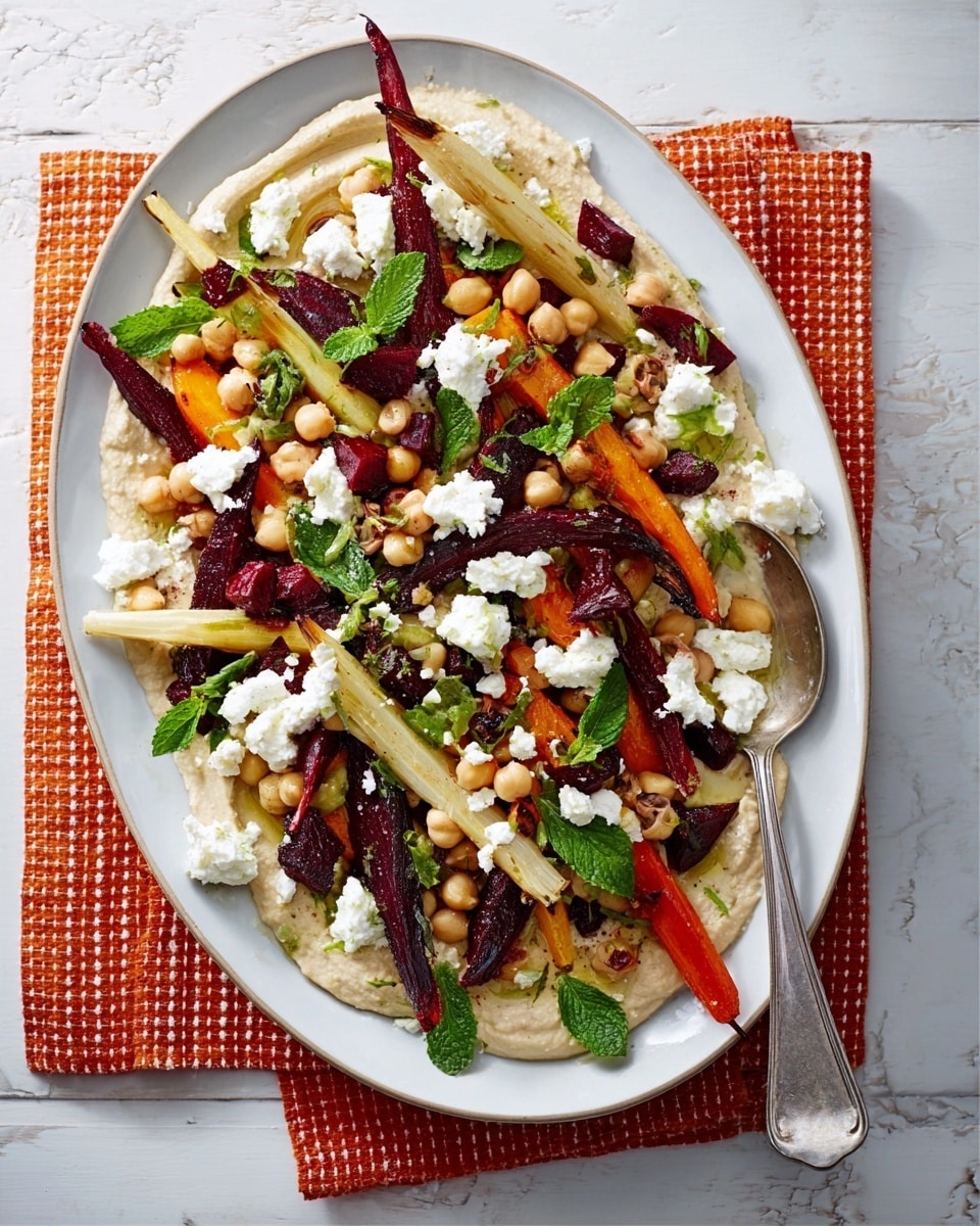 A white oval plate holds a layered dish starting with a smooth, creamy beige spread covering the bottom. On top, there are various roasted vegetables including long, thin pieces of white parsnips, bright orange baby carrots, and deep purple beet slices scattered unevenly. Light brown, round chickpeas are placed throughout. Fresh green mint leaves and other leafy greens add brightness and texture. White crumbles of soft cheese are sprinkled all over, giving a fresh contrast. The plate is set on a white marbled surface with a folded orange checkered cloth underneath, and a large silver spoon rests beside it. photo taken with an iphone --ar 4:5 --v 7