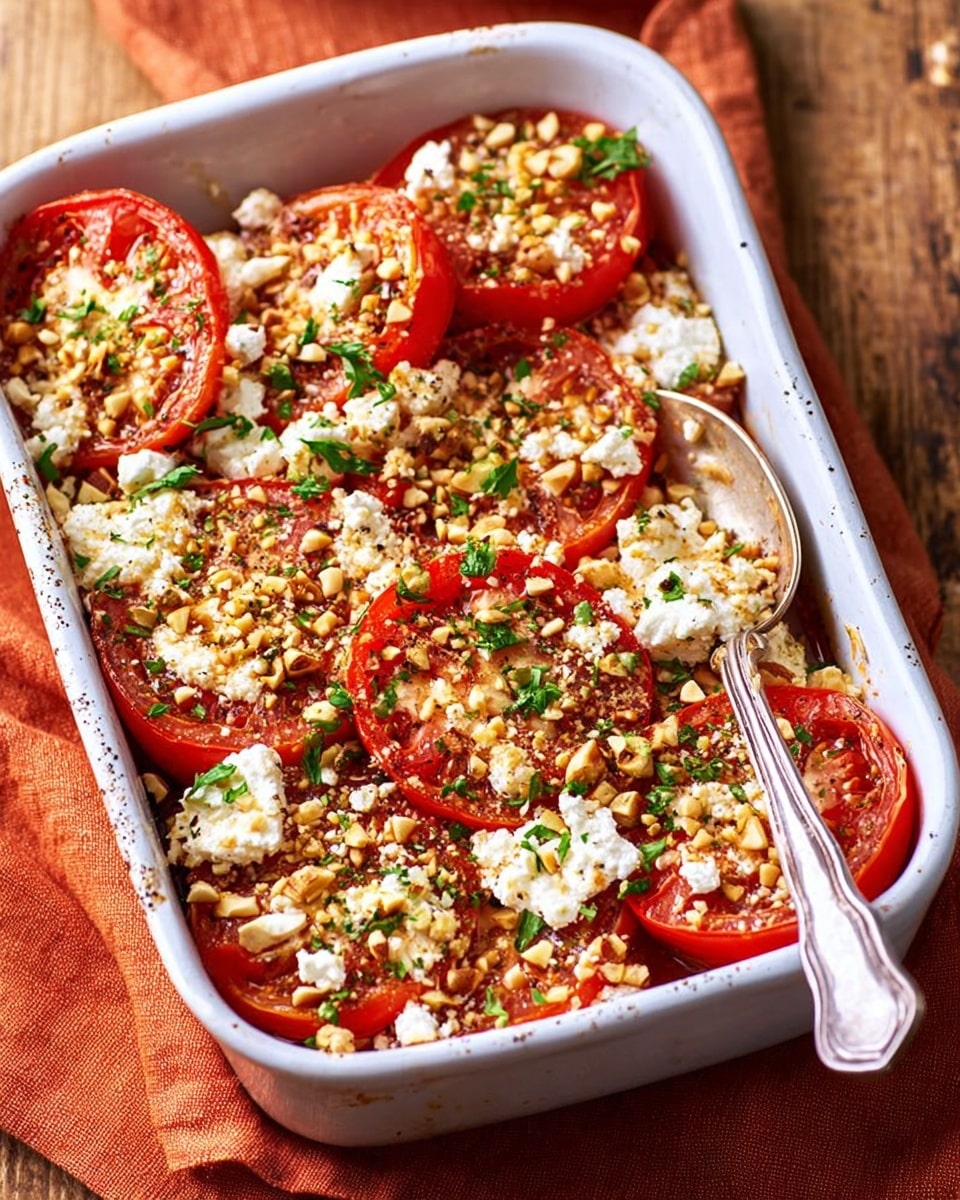 The image shows a white rectangular baking dish filled with baked tomato slices. There are two main layers visible: the bottom layer consists of red tomato slices arranged closely together, and the top layer is a mix of white crumbled cheese, green chopped herbs, and crushed nuts sprinkled over the tomatoes. A silver spoon is resting inside the dish on the right side. The dish is placed on a white marbled textured surface with a brown cloth nearby. Photo taken with an iphone --ar 4:5 --v 7