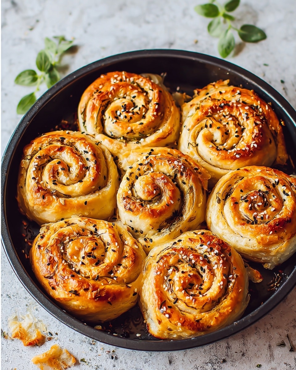 A round black pan holds six spiral-shaped pastries arranged closely in two rows with three in the top row and three in the bottom, with a golden brown crispy outer layer that looks flaky and shiny, sprinkled evenly with small black sesame seeds. The pastries show visible layers of thin dough spiraling inward toward the center in a soft yellow to light golden color. Some parts of the dough are slightly darker from baking, with pieces of crispy dough flakes scattered inside the empty part of the pan. The pan sits on a white marbled surface with brown and beige speckles, and a few fresh spinach leaves are placed to the top right corner. photo taken with an iphone --ar 4:5 --v 7