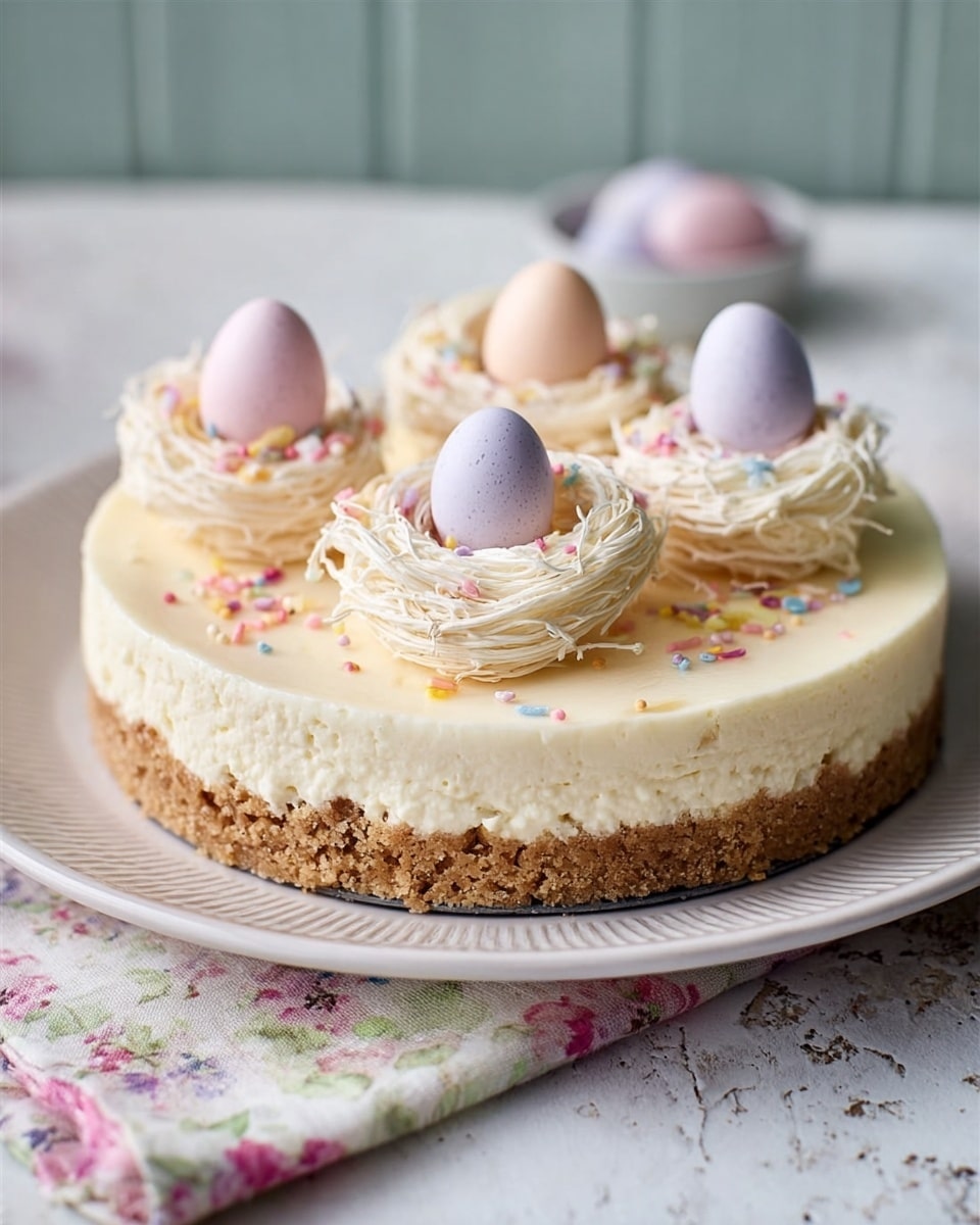 A round dessert with three layers sits on a white plate with a decorative edge. The bottom layer is a smooth, dark brown crust that looks firm. The middle layer is a thick, creamy white filling that covers the crust fully. The top layer has three large, white swirled meringue nests, each topped with small pastel-colored balls in pink, purple, and yellow. The dessert is sprinkled lightly with thin, multicolored pieces that add a small touch of color. The background is a white marbled surface with a soft floral cloth nearby, creating a bright and clean setting. photo taken with an iphone --ar 4:5 --v 7