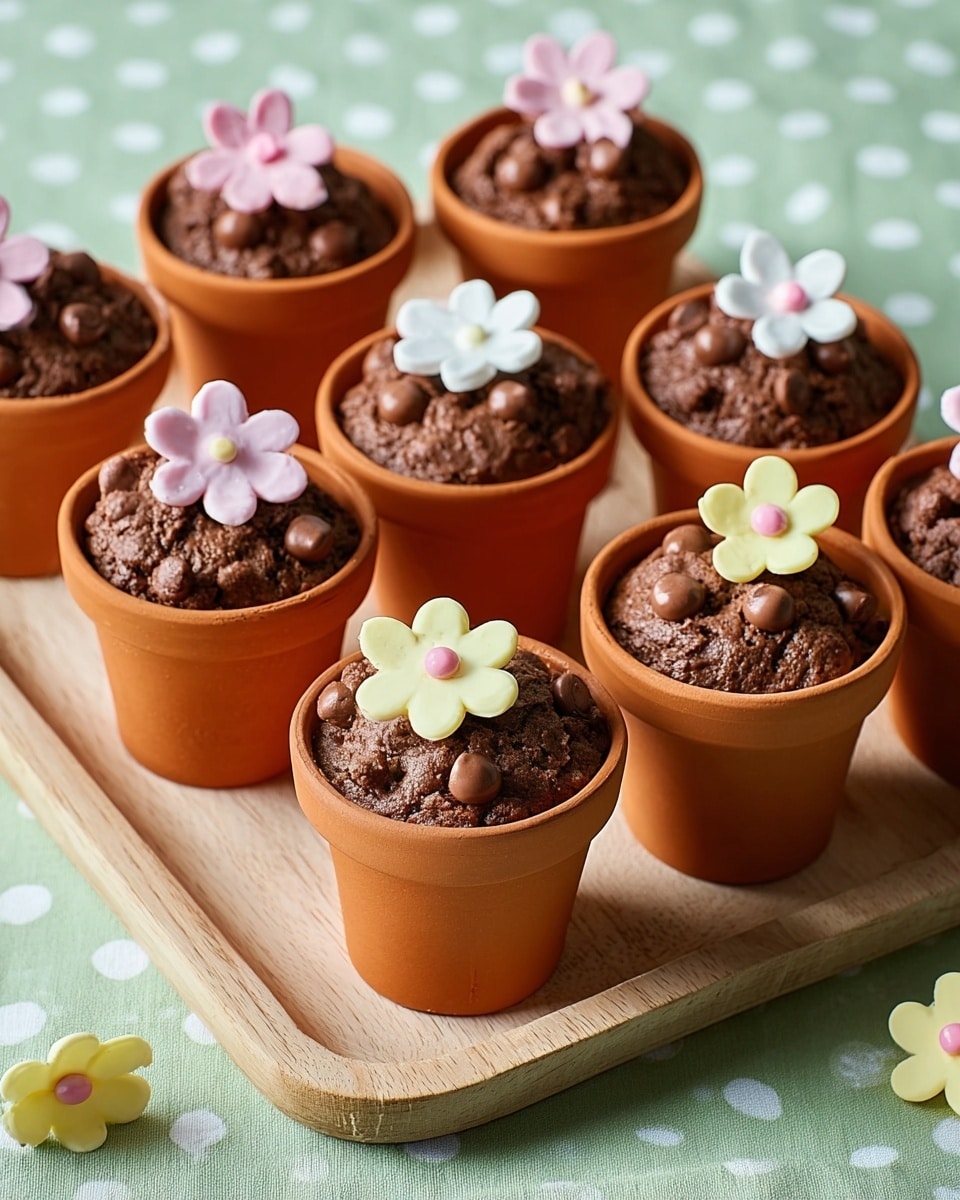 The image shows eight small chocolate muffins in orange terracotta flower pots on a light wooden tray. Each muffin has a rough, bumpy chocolate texture on top with small round chocolate chips melted into the surface. On top of the chocolate muffins are pastel-colored edible flower decorations in white, pink, and light yellow, arranged with two or three flowers per muffin. The background is a pale green tablecloth with white polka dots, and a white marbled surface around the tray is visible. Some extra flower decorations lie scattered near the tray's edge. Photo taken with an iphone --ar 4:5 --v 7