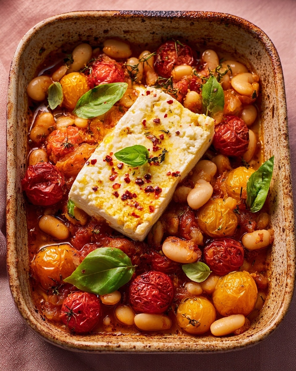A square brown baking dish filled with a cooked mix of yellow and red cherry tomatoes and large white beans, all slightly soft and shiny from the cooking juices. On top, a block of baked white cheese is placed in the center, cracked and softened, sprinkled with red chili flakes and a drizzle of oil. Fresh green basil leaves are scattered on top and around the cheese, adding a fresh contrast. The baking dish sits on a soft pink cloth over a white marbled texture. photo taken with an iphone --ar 4:5 --v 7