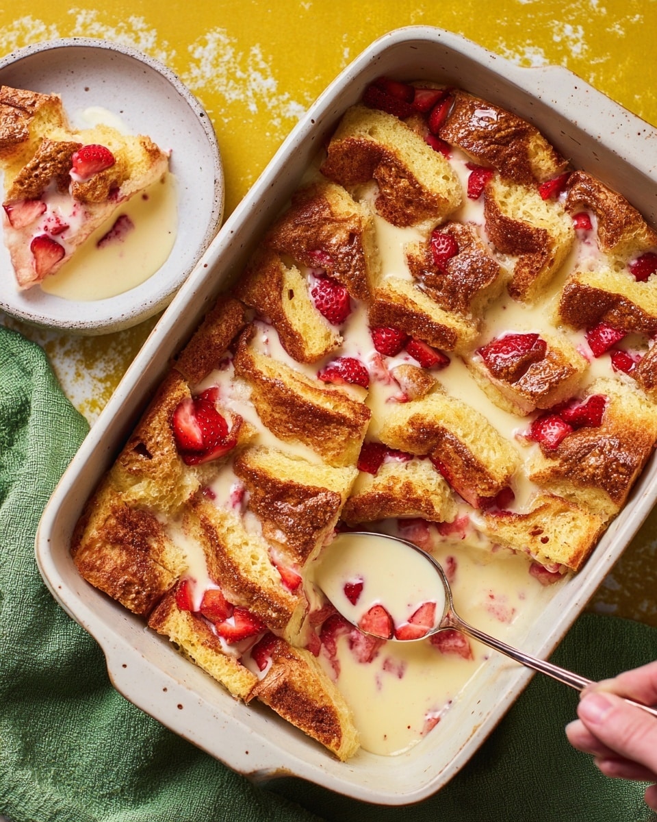 The image shows a white baking dish filled with a layered bread pudding dessert that has golden-brown toasted bread slices arranged in a zigzag pattern, creating about three visible layers. The bread looks soft and soaked, with a light creamy texture beneath the top crust. Bright red diced strawberries are sprinkled evenly on top and between the bread slices, adding a fresh, juicy contrast. A portion of the dessert is served in a white bowl next to the dish, showing a thick, creamy sauce with more strawberries. A spoon rests in the bowl, and a woman's hand is holding it. The setting includes a green cloth and a white marbled surface underneath. photo taken with an iphone --ar 4:5 --v 7