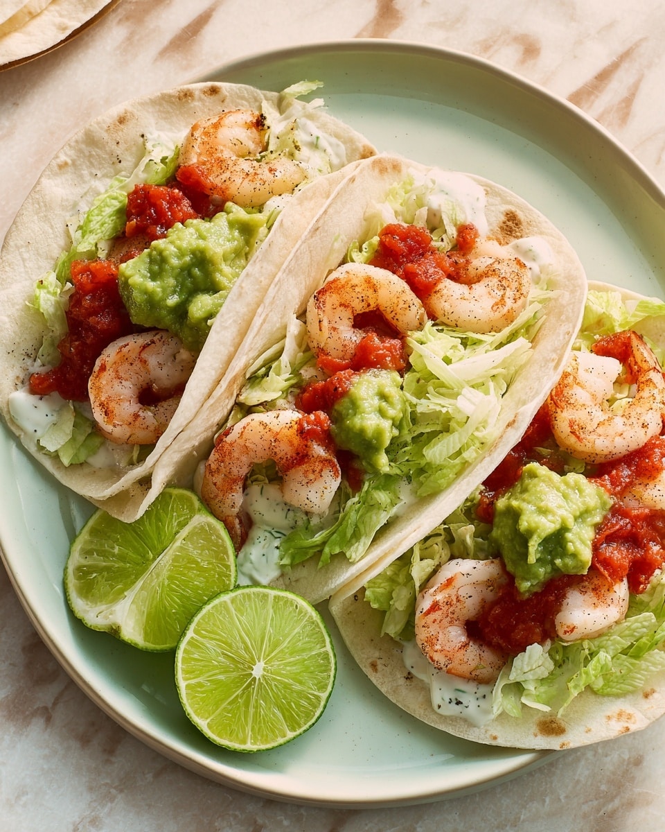 Three soft flour tortillas are folded in half and placed on a white plate, each filled with layers starting from a base of white creamy sauce, topped with light green shredded lettuce, small pink shrimp with a slight char, and dollops of bright green guacamole mixed with red salsa. On the plate beside the tacos are three lime wedges showing fresh, juicy green flesh. The scene is set on a white marbled texture surface with soft, natural lighting. Photo taken with an iphone --ar 4:5 --v 7
