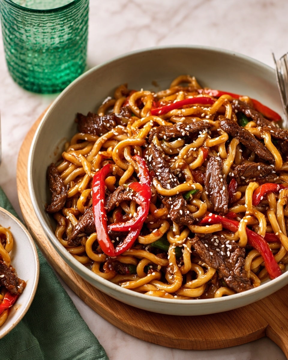 A round white pan filled with thick, pale yellow noodles mixed with thin dark brown strips of cooked beef and bright red slices of bell pepper, all coated in a shiny sauce. The noodles and beef are sprinkled with small white sesame seeds. The pan rests on a beige wooden board on top of a white marbled surface covered with a dark green cloth. In the background, there is a clear green glass of water. A small part of a white plate with some of the noodles and beef is visible at the bottom left corner, with a silver fork on the plate. Photo taken with an iphone --ar 4:5 --v 7