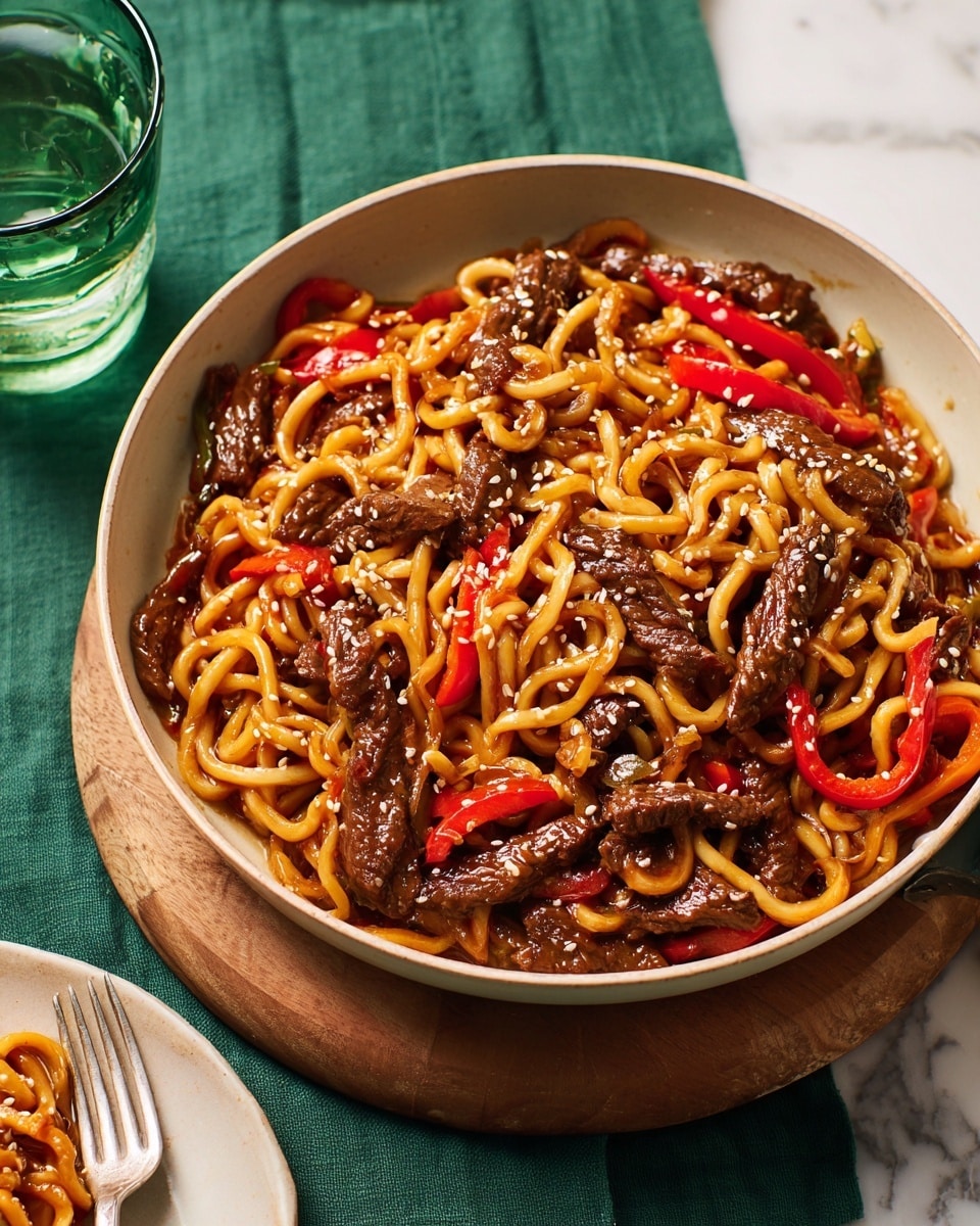 A large white bowl filled with thick, round noodles coated in a glossy, dark brown sauce. Mixed into the noodles are bright red strips of bell pepper and dark brown, crispy strips of beef, all sprinkled with white sesame seeds. The bowl sits on a light wooden board against a white marbled surface. In the background, there is a clear, textured green glass of water and part of a smaller white bowl with the same noodle dish and a fork resting in it. photo taken with an iphone --ar 4:5 --v 7