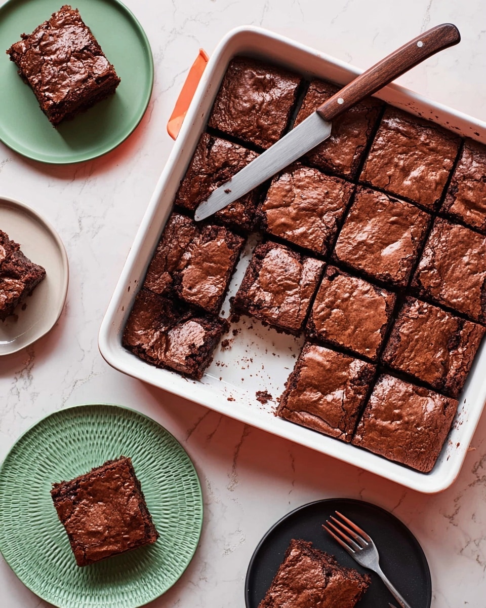 A white baking dish filled with a large batch of brownies cut into even square pieces with a shiny, crinkly top layer showing the rich, dark chocolate texture. One piece is missing from the bottom left corner, revealing a moist and dense inside. The white baking dish rests on a white marbled surface. Around it, there are three white plates each holding one or two brownie squares, showing the moist texture and slightly cracked surface with chocolate crumbs scattered on the plates. One plate has a black fork with a piece of brownie broken off, emphasizing the soft texture inside. Photo taken with an iphone --ar 4:5 --v 7