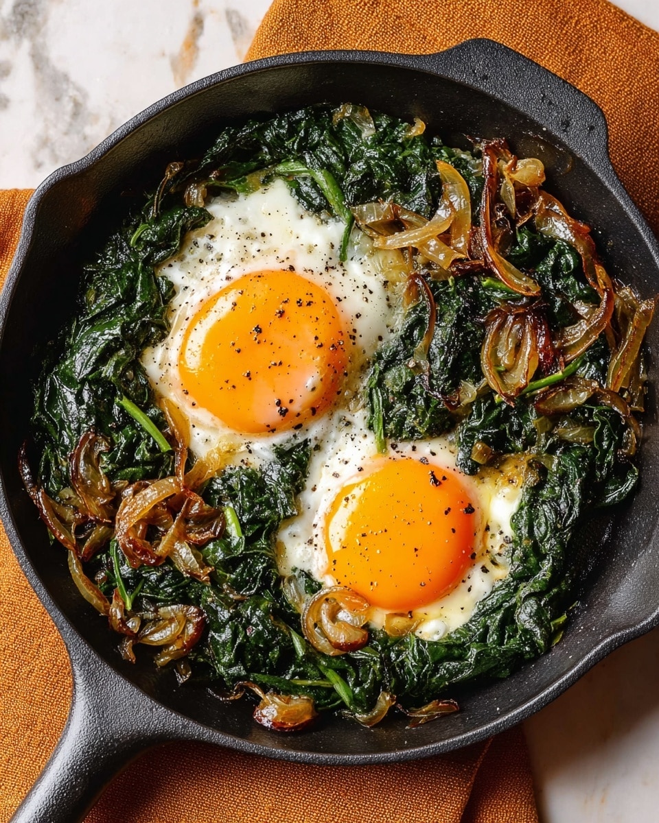 A small black pan holds a cooked dish with two sunny-side-up eggs placed side by side. The egg yolks are bright orange and light pink, each surrounded by soft cooked egg white. Around the eggs is a thick layer of wilted bright green spinach mixed with caramelized golden-brown onions. The spinach and onions are slightly glossy, showing they are cooked in oil or butter. The pan sits on a white marbled surface with a folded yellow cloth to the side. Photo taken with an iphone --ar 4:5 --v 7