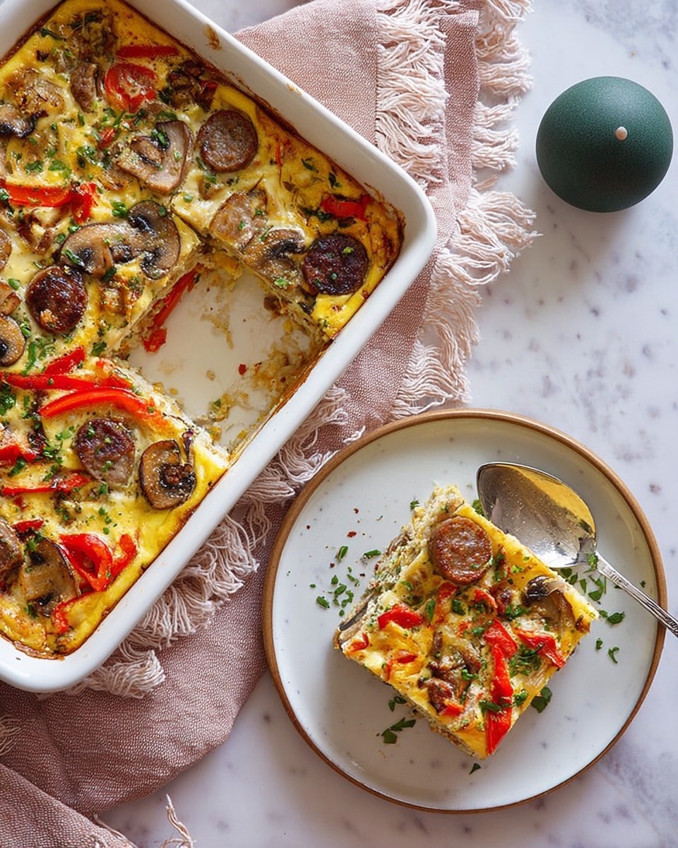 A white rectangular baking dish filled with a baked egg dish that has three main visible layers: a golden-yellow egg base, scattered slices of browned sausage, and red pepper strips on top. There are also pieces of mushrooms and sliced red onions mixed throughout the dish, along with green herbs sprinkled across the surface. Next to the dish, a portion is served on a white round plate, showing the same layers clearly with chunks of browned sausage, red bell peppers, mushrooms, and finely chopped green herbs. A metal spoon rests on the plate beside the food, and the setting includes a soft pink napkin under the baking dish on a white marbled surface. Photo taken with an iphone --ar 4:5 --v 7